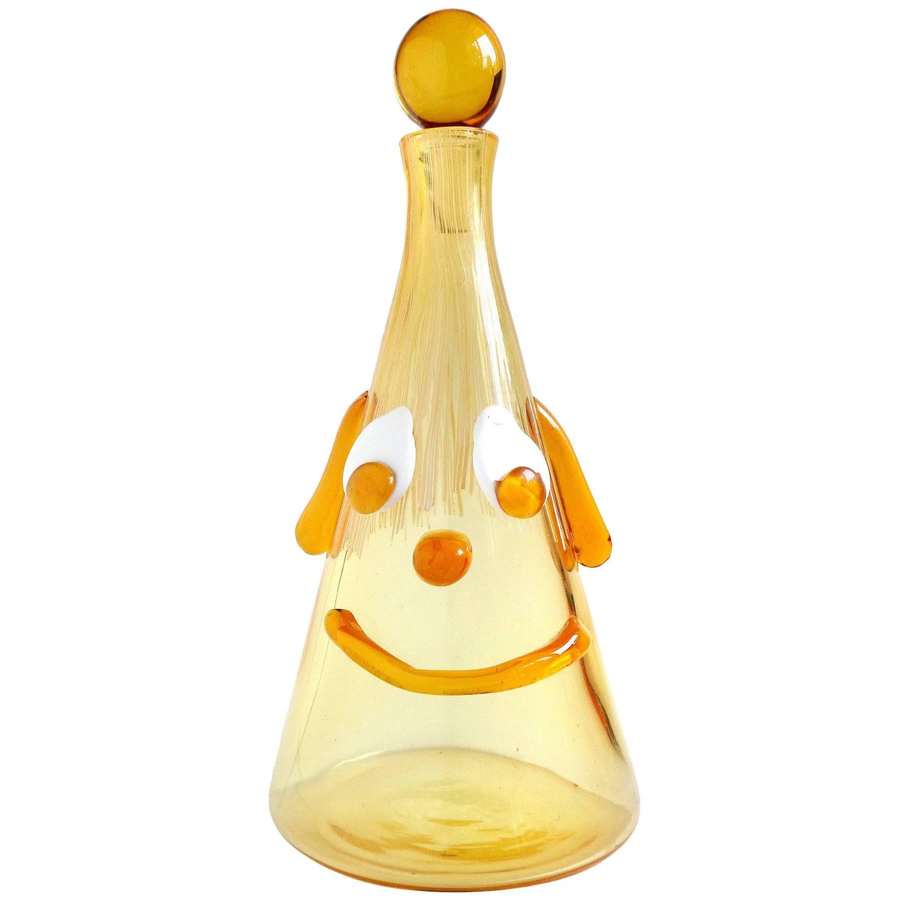 Fratelli Toso Murano Cranberry Yellow Clown Face Italian Art Glass Decanter