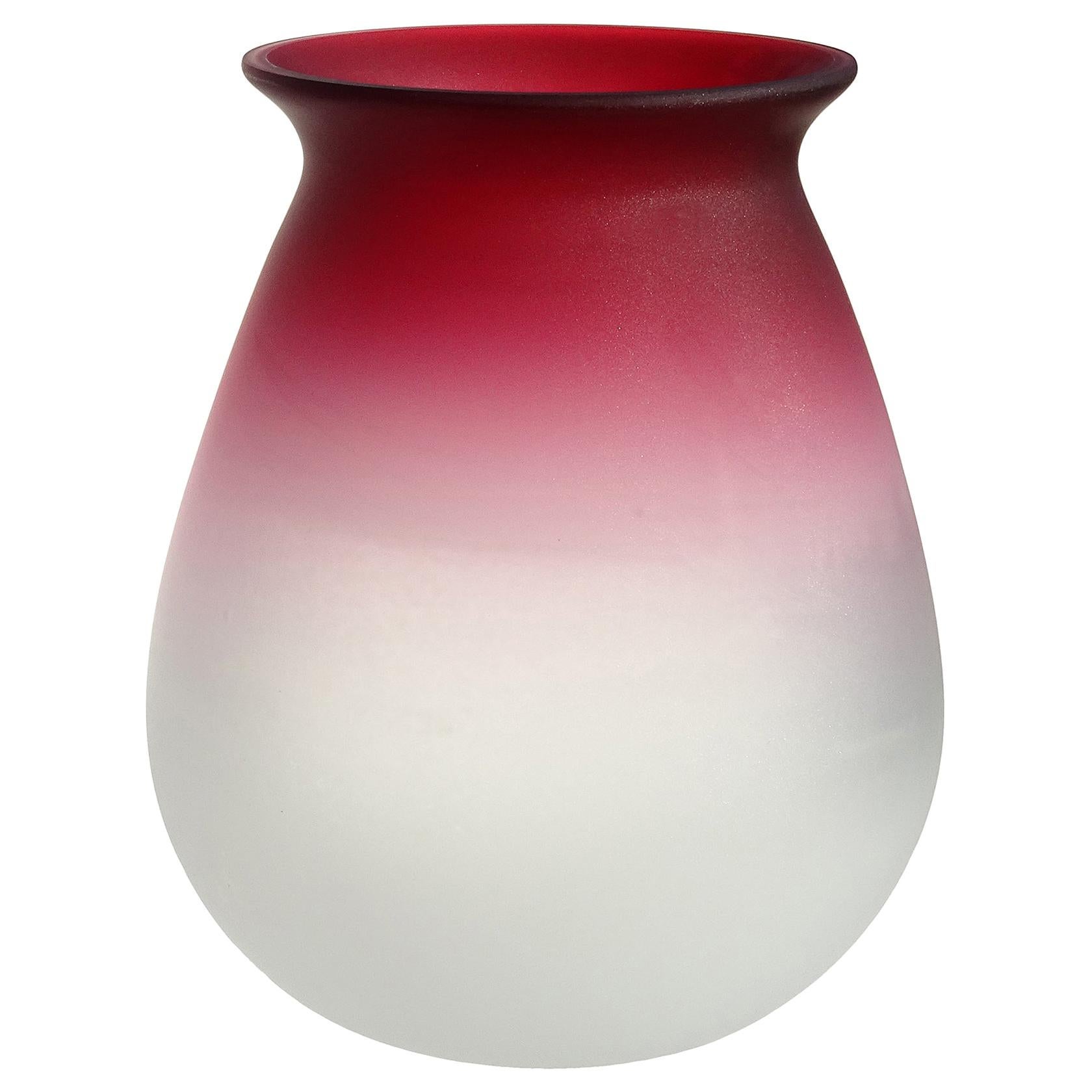 Fratelli Toso Murano Deep Red to White Satin Italian Art Glass Flower Vase