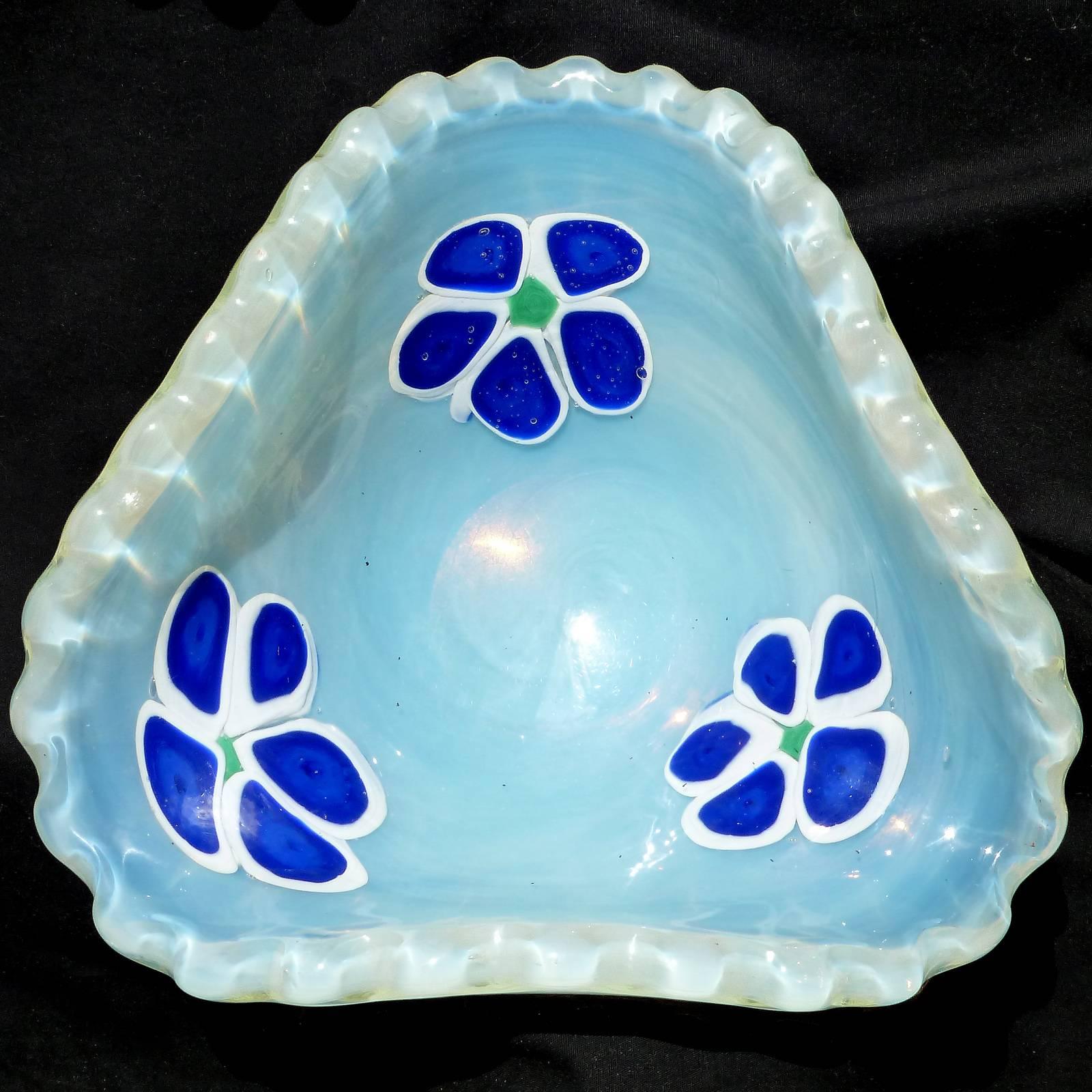 Mid-Century Modern Fratelli Toso Murano Fiery Opal Blue Flowers Italian Art Glass Decorative Bowl