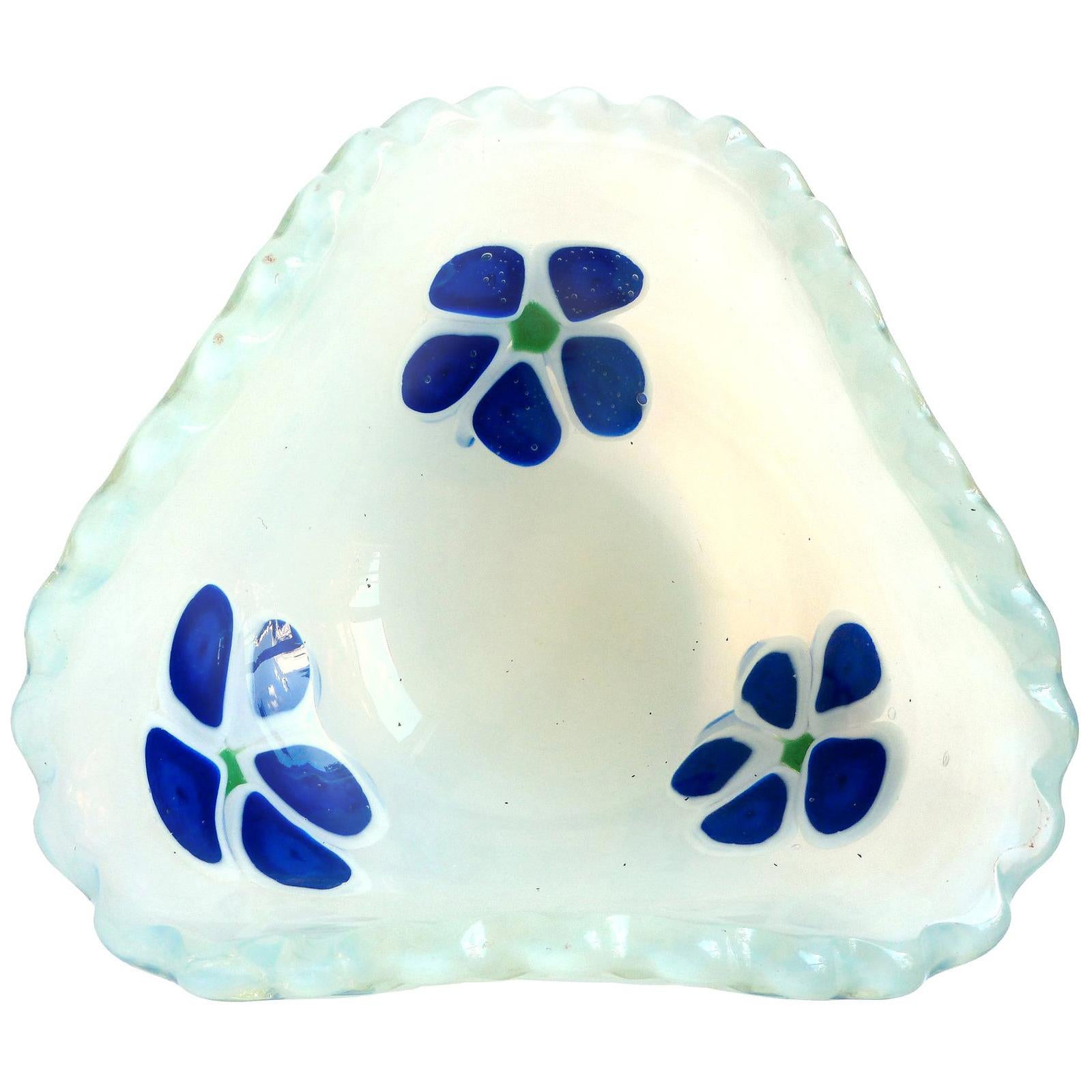 Fratelli Toso Murano Fiery Opal Blue Flowers Italian Art Glass Decorative Bowl