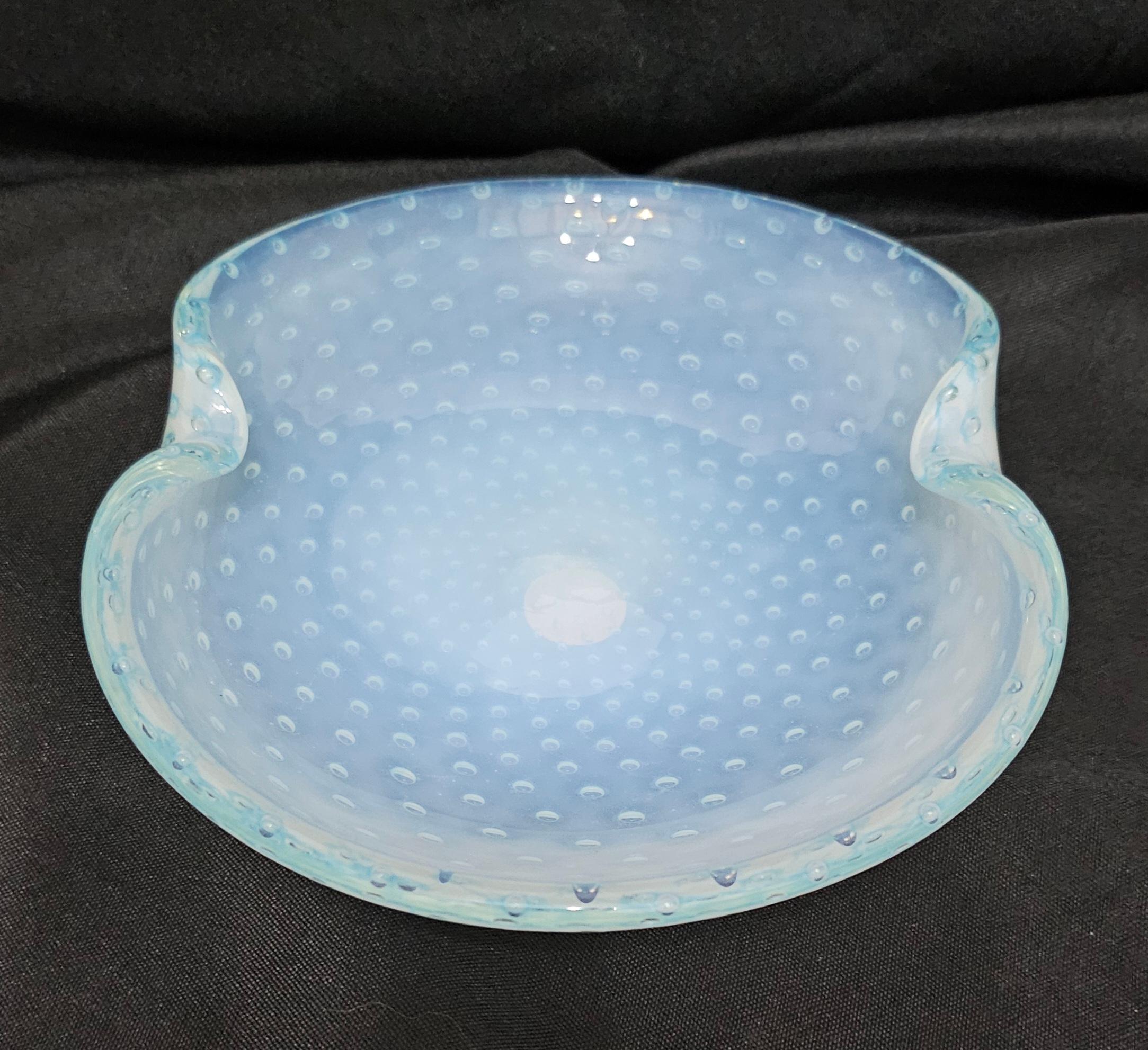 Fratelli Toso Murano Glass Bullicante Decorative Dish, Opaline. Original Label

Measures about 6.5 x 5.5 x 1.5 inches.
This appears to be an opaline type glass, light blue in white.
On a light background the colors will look lighter.
Good vintage