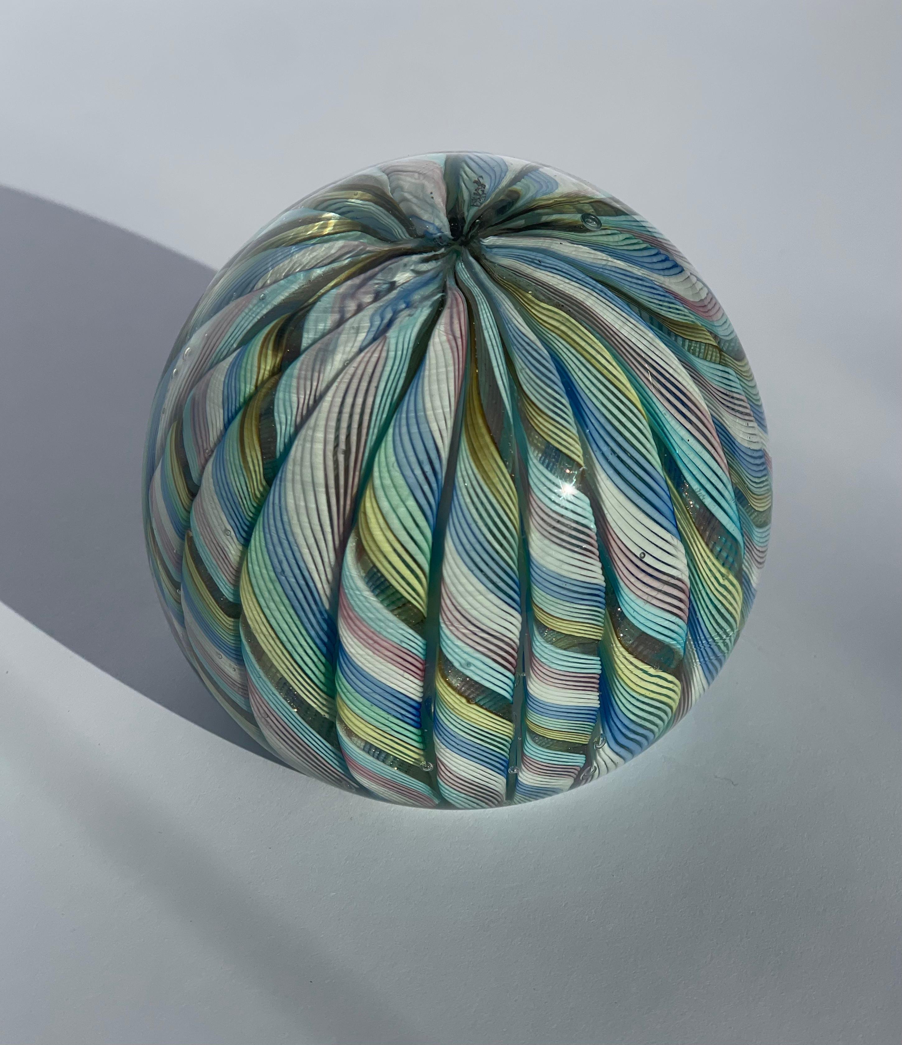 Mid-Century Modern Fratelli Toso Murano Glass Latticino Paperweight Multicolor Blue, Pink and Green For Sale