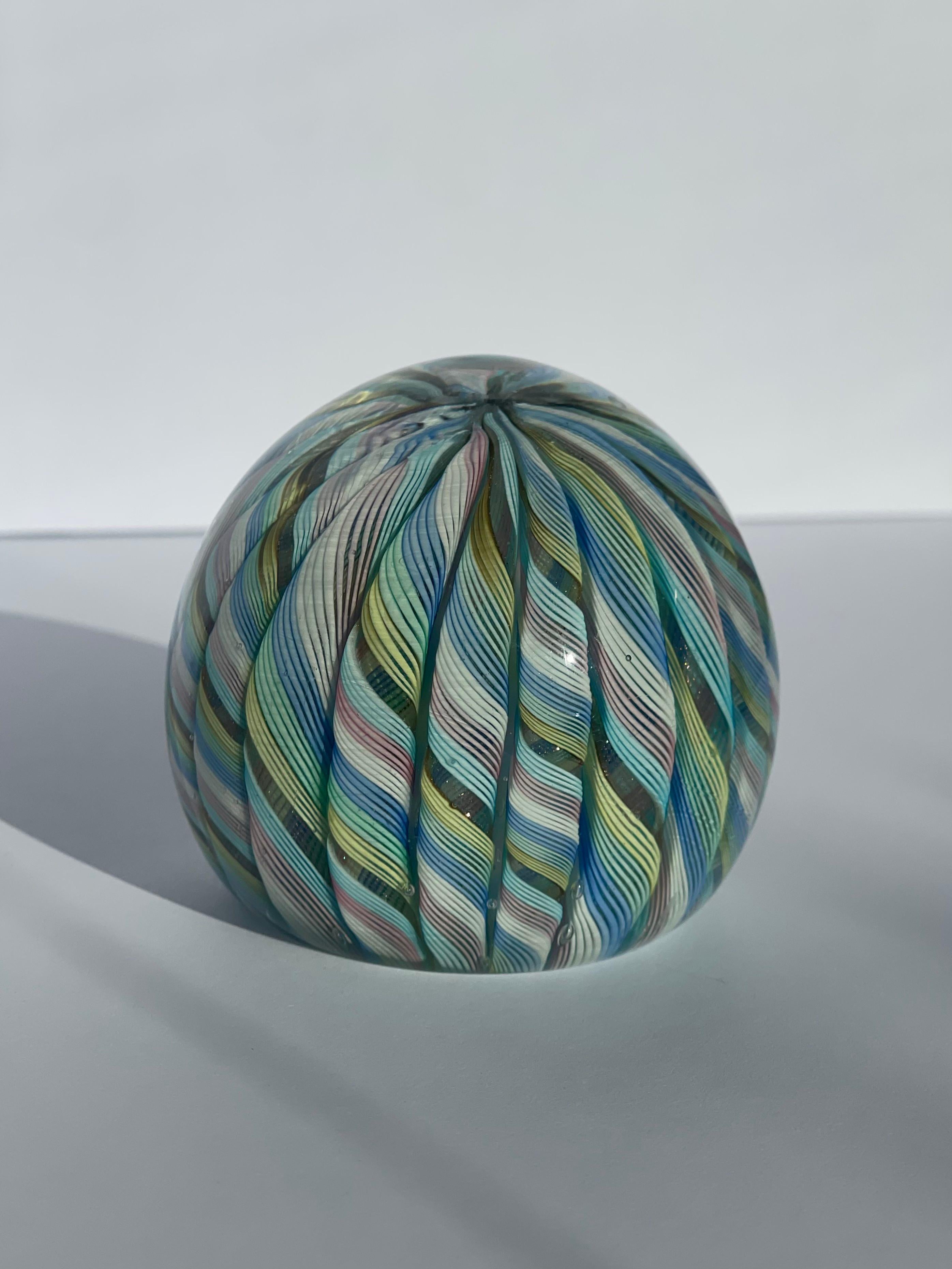 Italian Fratelli Toso Murano Glass Latticino Paperweight Multicolor Blue, Pink and Green For Sale