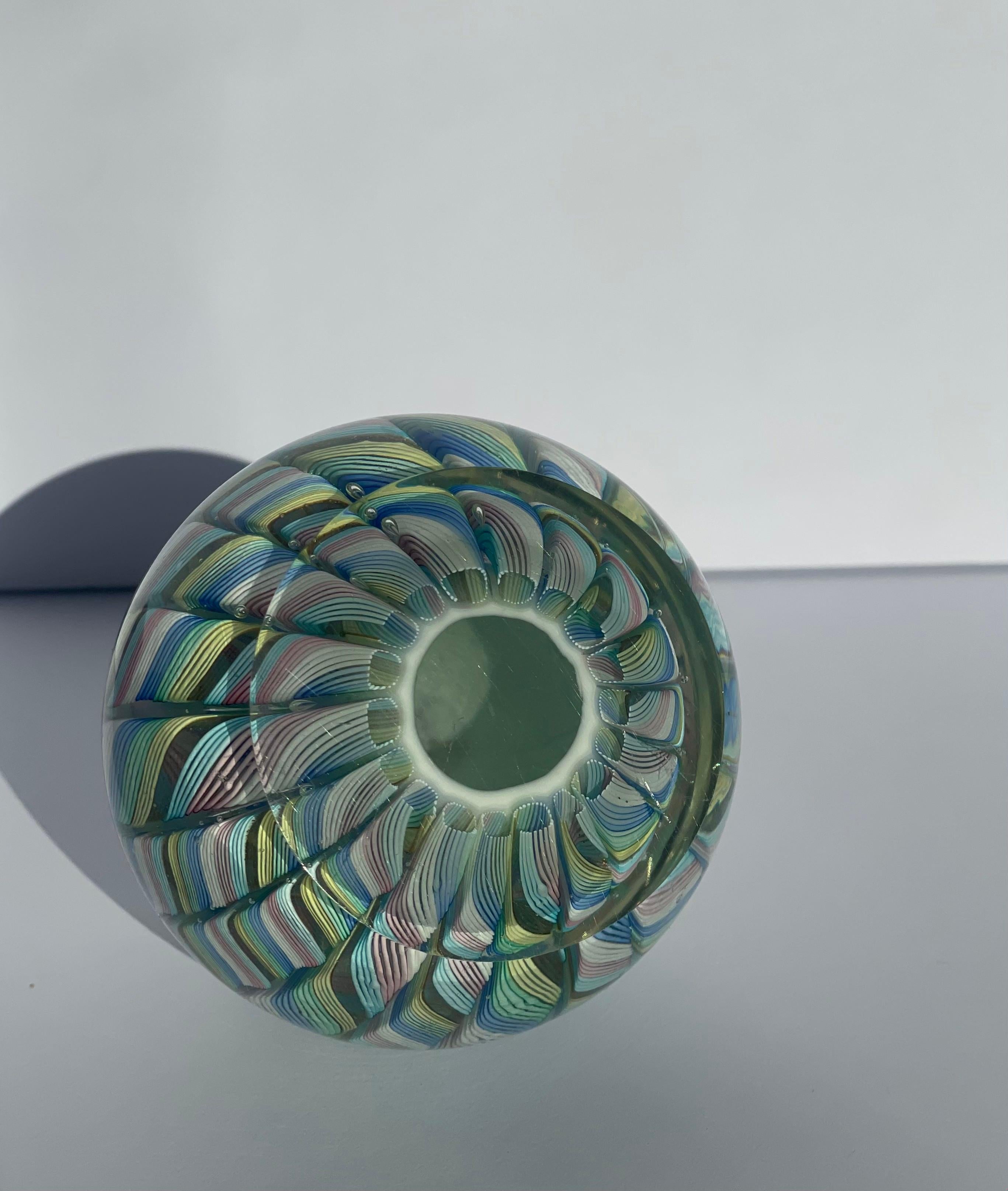 Fratelli Toso Murano Glass Latticino Paperweight Multicolor Blue, Pink and Green In Good Condition For Sale In Palm Beach, FL