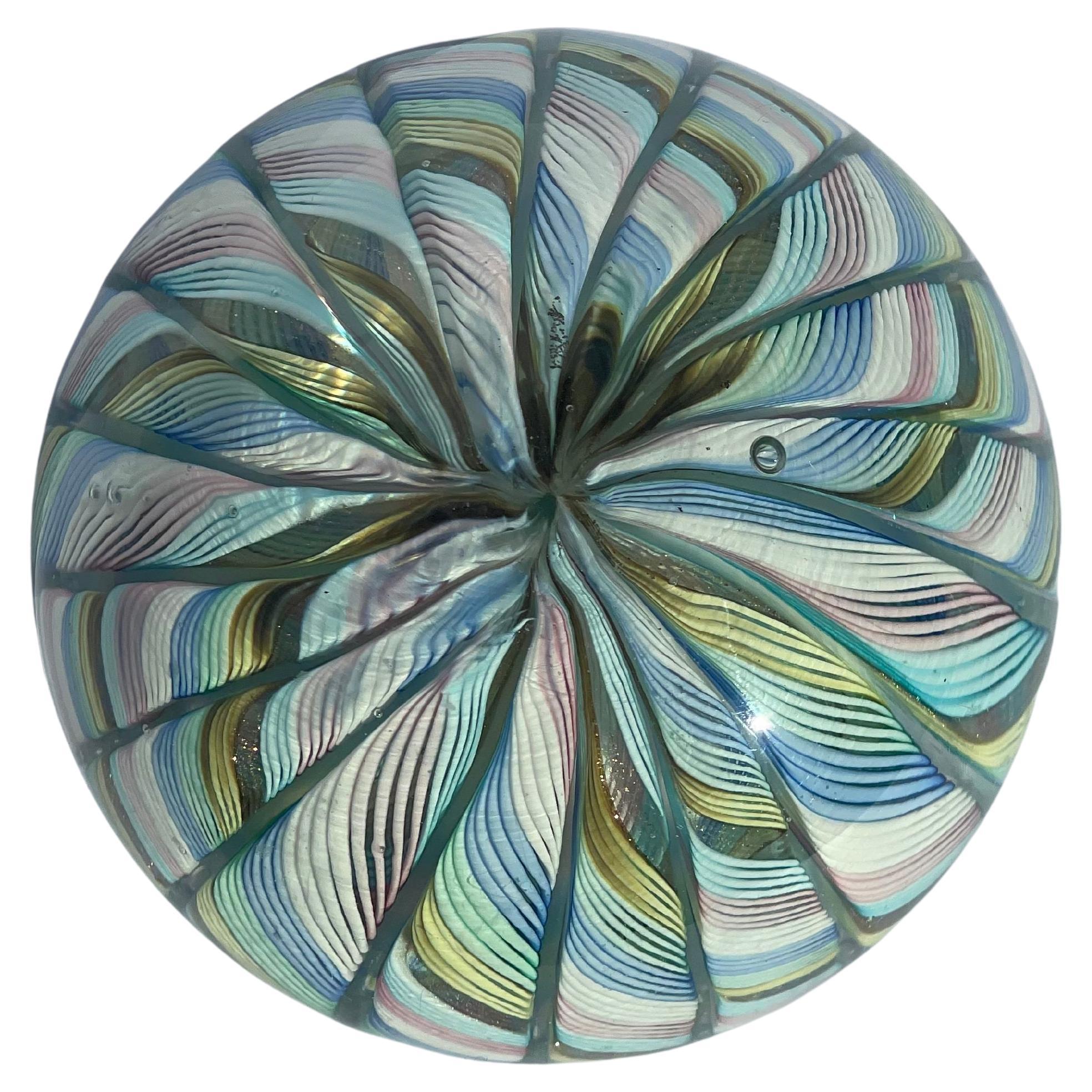 Fratelli Toso Murano Glass Latticino Paperweight Multicolor Blue, Pink and Green