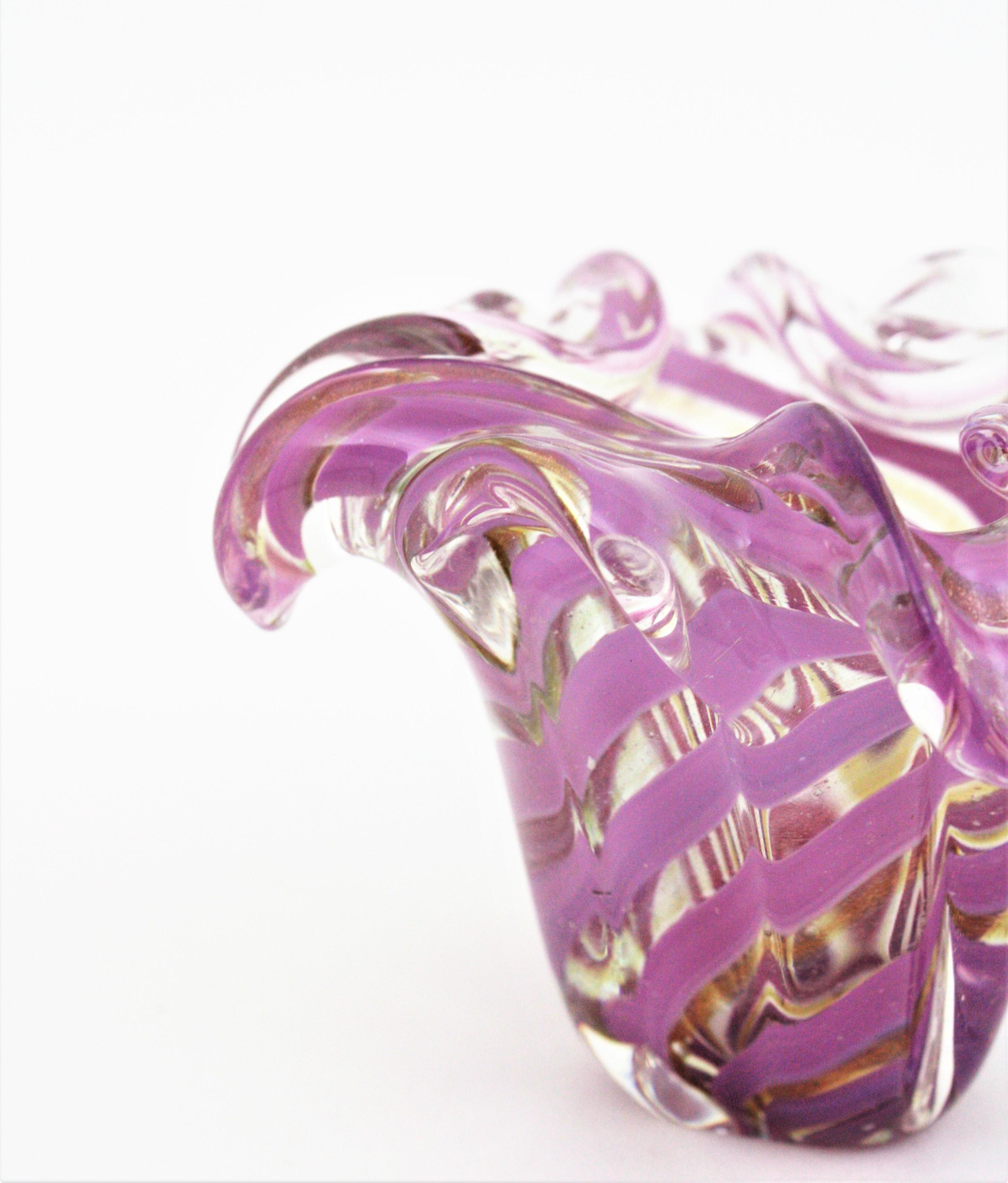 Fratelli Toso Murano Glass Lilac and Clear Swirl Ribbons Bowl with Gold Dust In Good Condition In Barcelona, ES