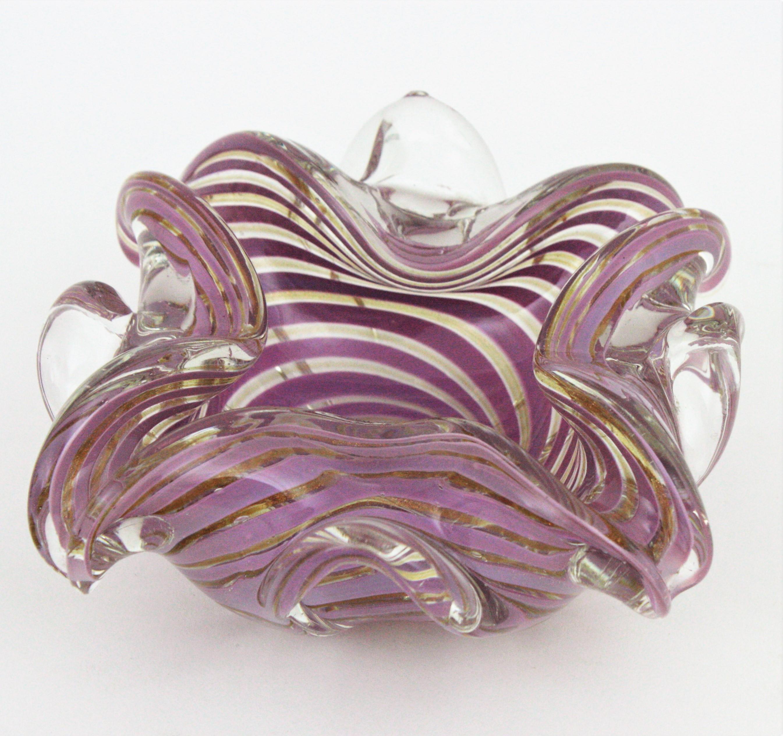 Fratelli Toso Murano Glass Lilac Swirl Ribbons & Gold Dust Large Bowl / Ashtray For Sale 4