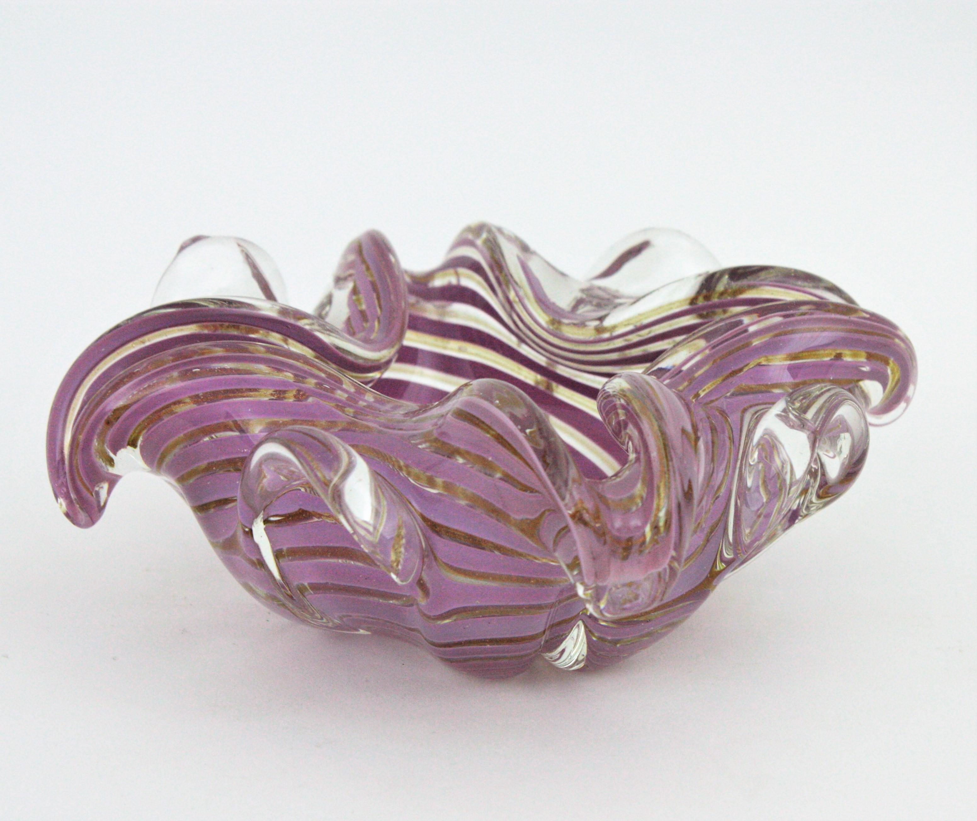 Fratelli Toso Murano Glass Lilac Swirl Ribbons & Gold Dust Large Bowl / Ashtray For Sale 5