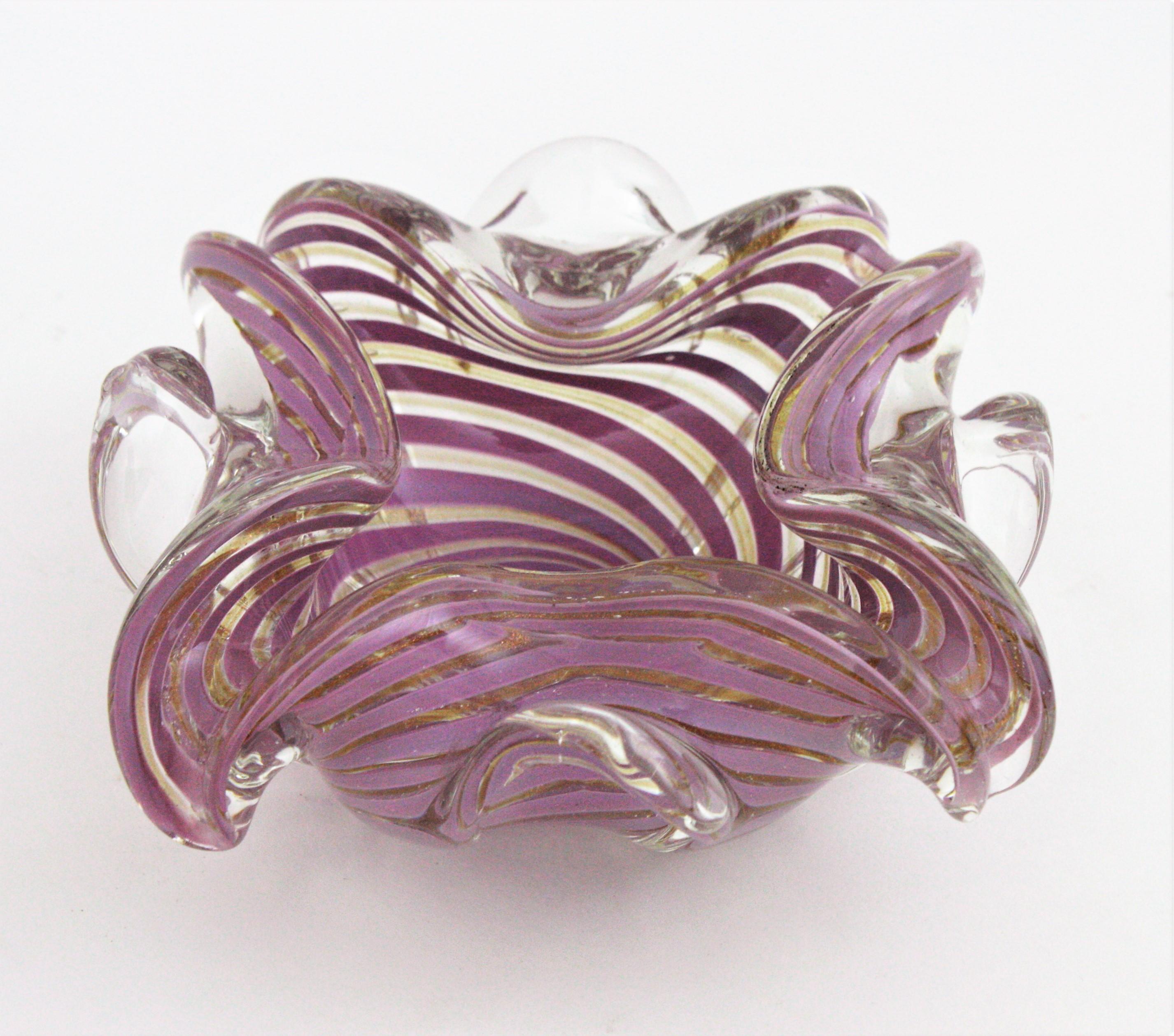 Fratelli Toso Murano Glass Lilac Swirl Ribbons & Gold Dust Large Bowl / Ashtray For Sale 6
