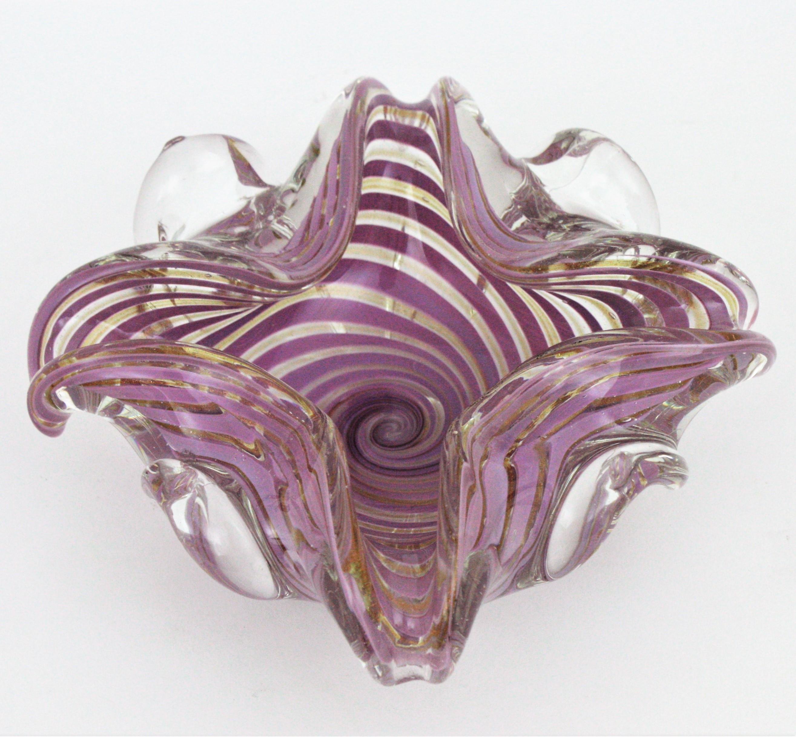 Fratelli Toso Murano Glass Lilac Swirl Ribbons & Gold Dust Large Bowl / Ashtray en vente 6