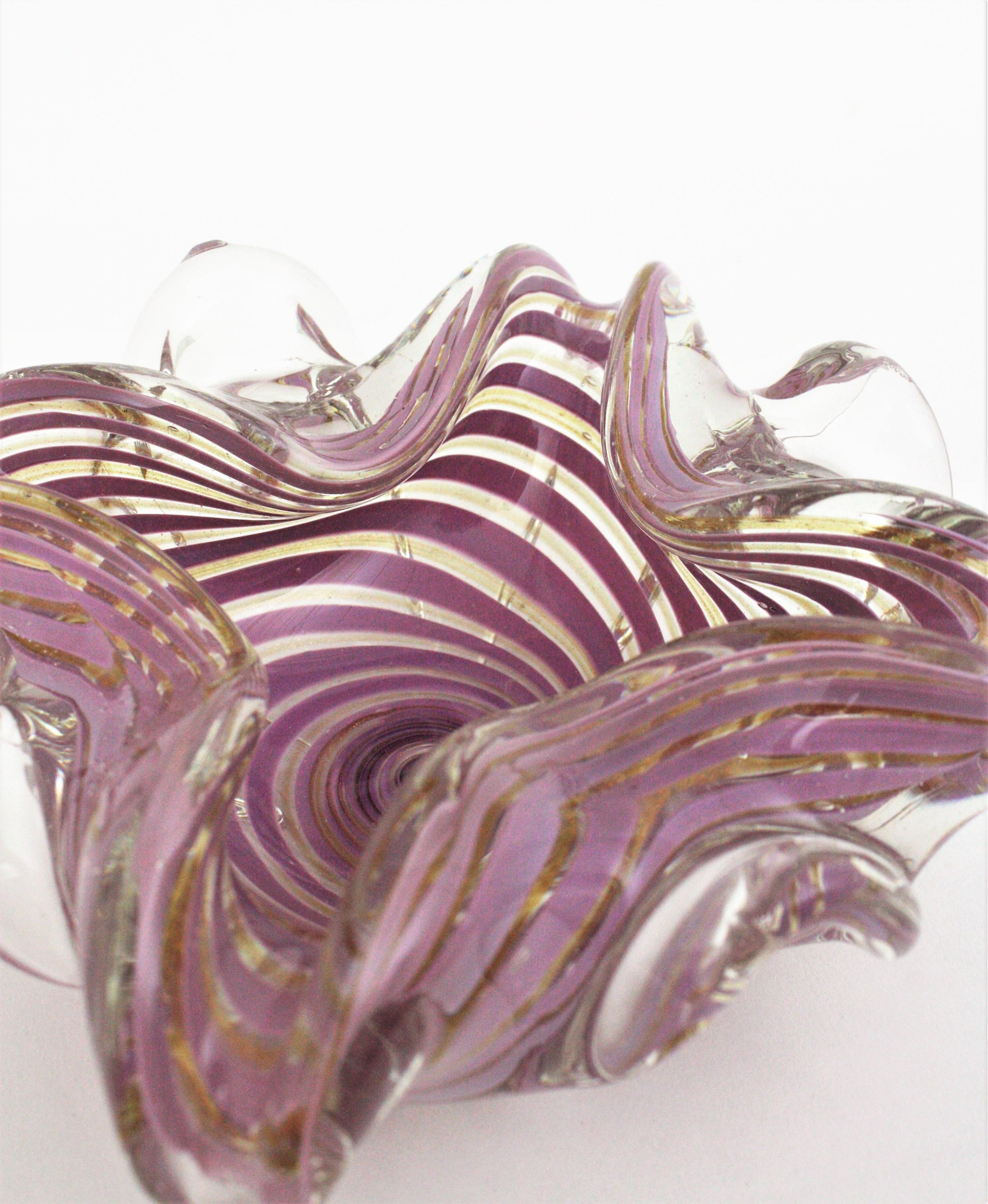 Fratelli Toso Murano Glass Lilac Swirl Ribbons & Gold Dust Large Bowl / Ashtray en vente 7