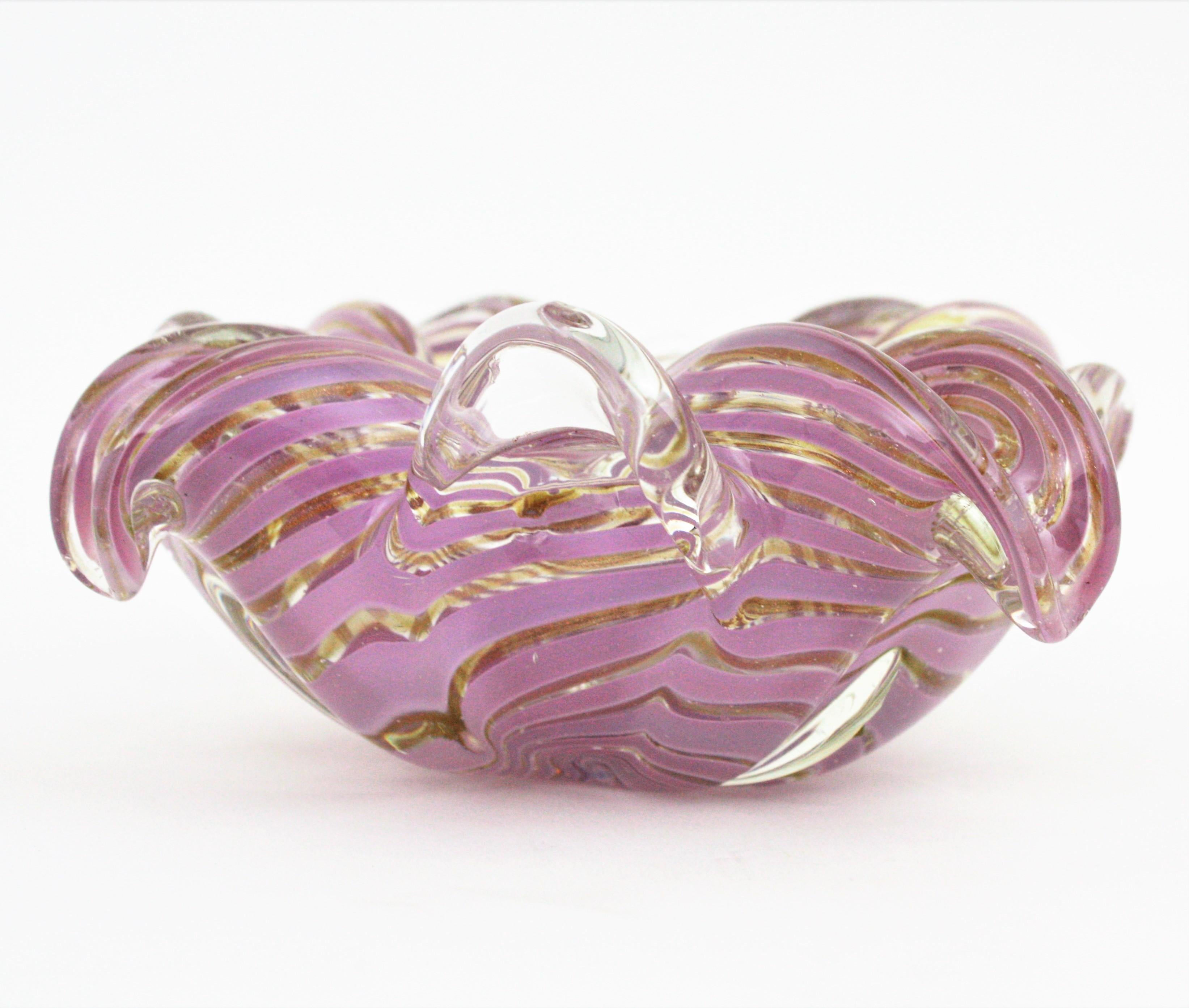 Fratelli Toso Murano Glass Lilac Swirl Ribbons & Gold Dust Large Bowl / Ashtray en vente 8