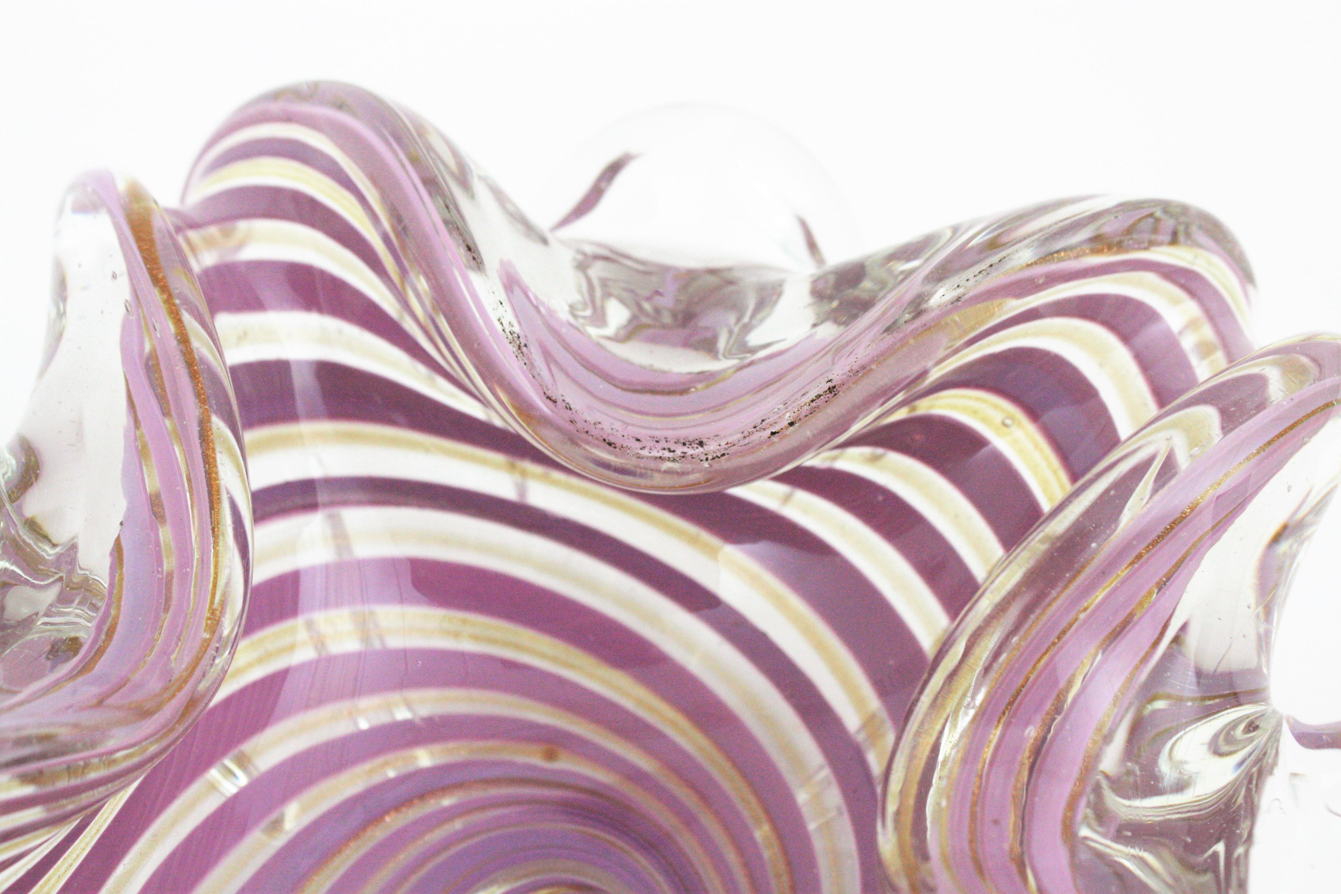 Fratelli Toso Murano Glass Lilac Swirl Ribbons & Gold Dust Large Bowl / Ashtray For Sale 10