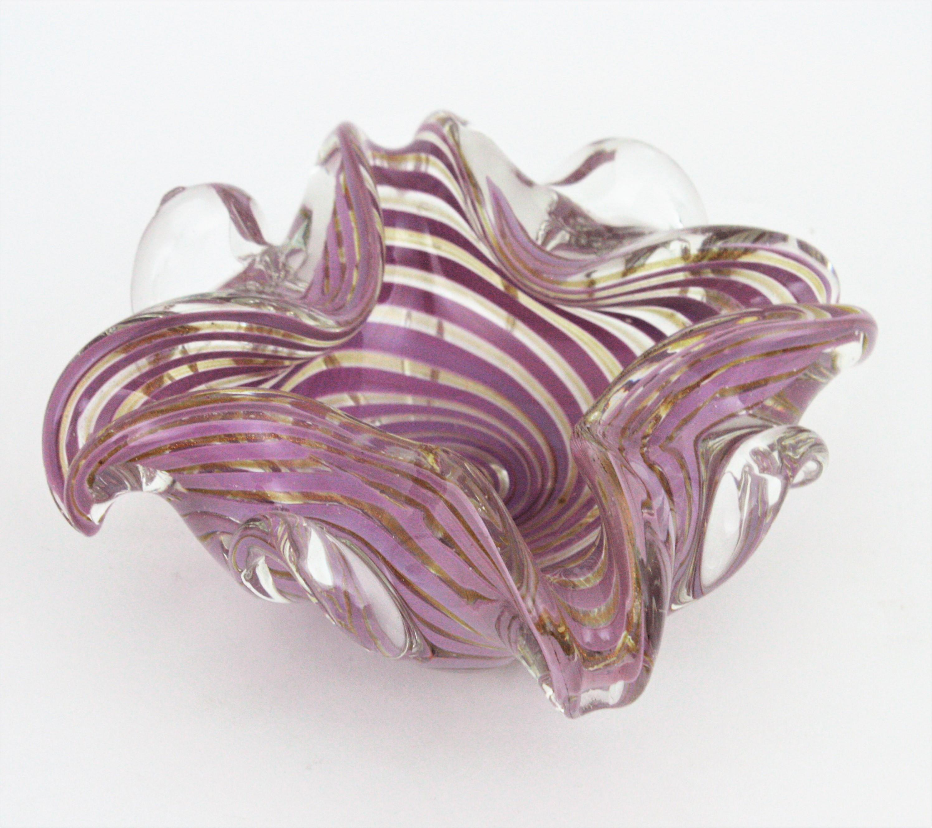 Fratelli Toso Murano Glass Lilac Swirl Ribbons & Gold Dust Large Bowl / Ashtray For Sale 2