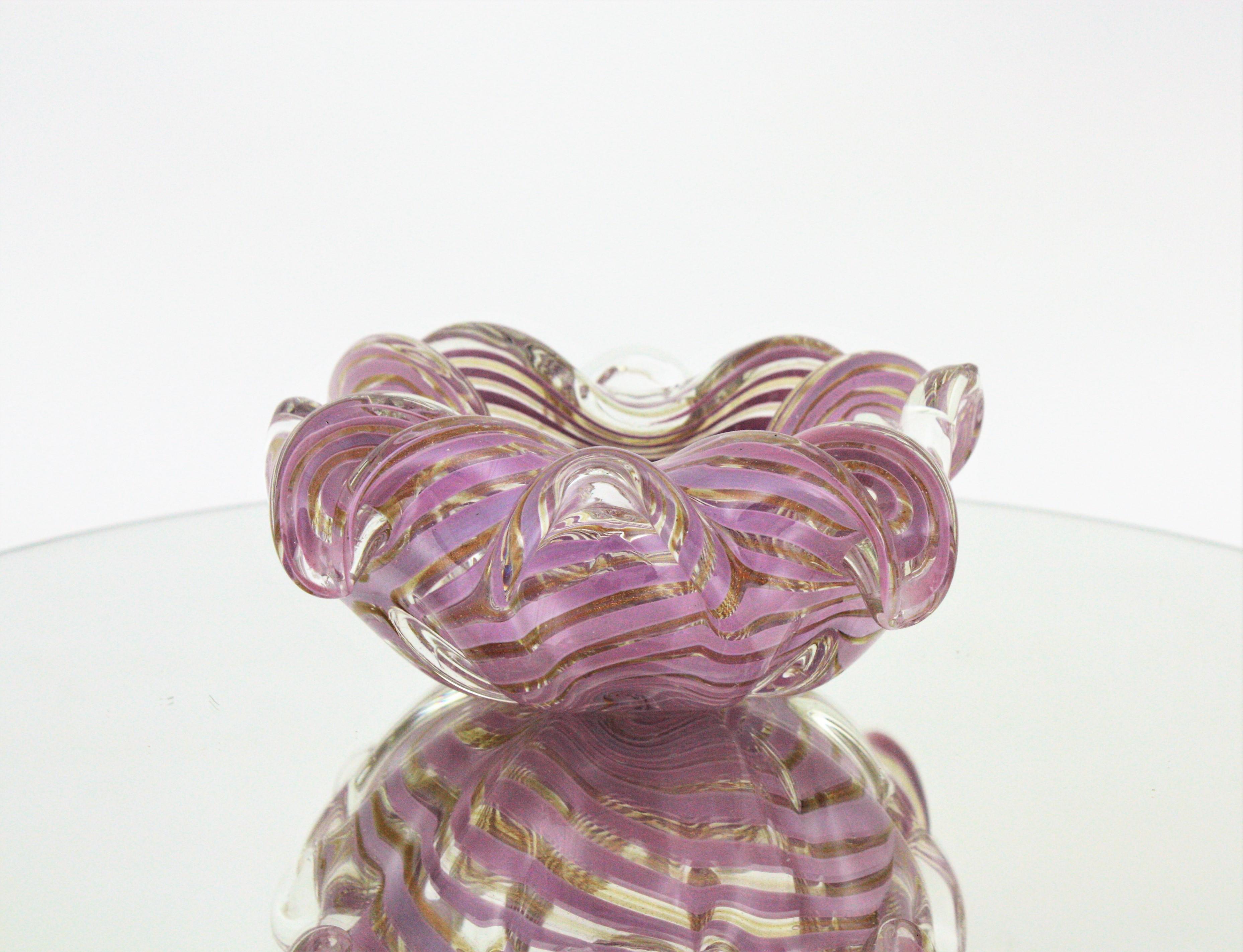 Fratelli Toso Murano Glass Lilac Swirl Ribbons & Gold Dust Large Bowl / Ashtray For Sale 3