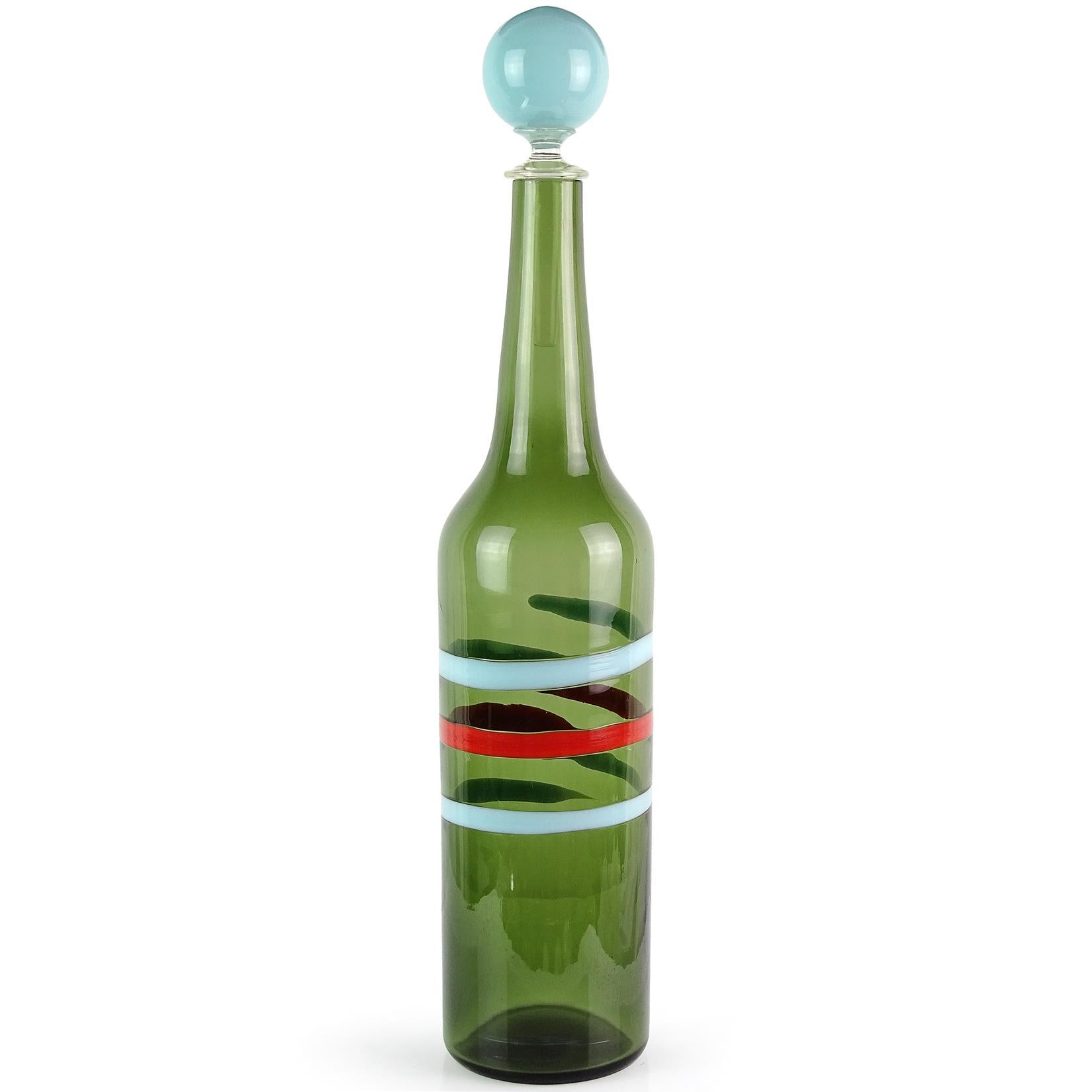 Mid-Century Modern Fratelli Toso Murano Green Bottle Blue Red Stripes Italian Art Glass Decanter