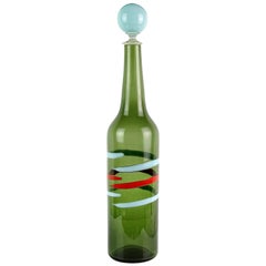Fratelli Toso Murano Green Bottle Blue Red Stripes Italian Art Glass Decanter