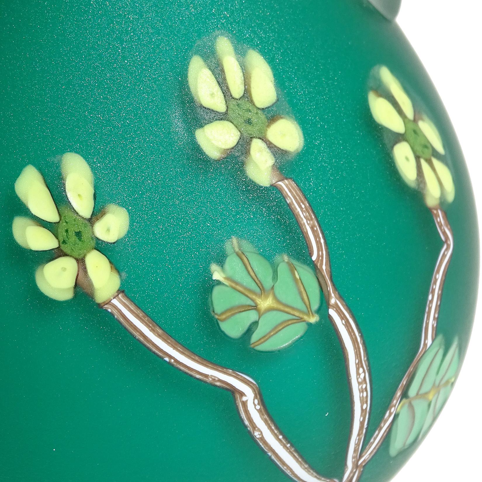 Frosted Fratelli Toso Murano Green Millefiori Flowers Satin Italian Art Glass Ewer Cruet