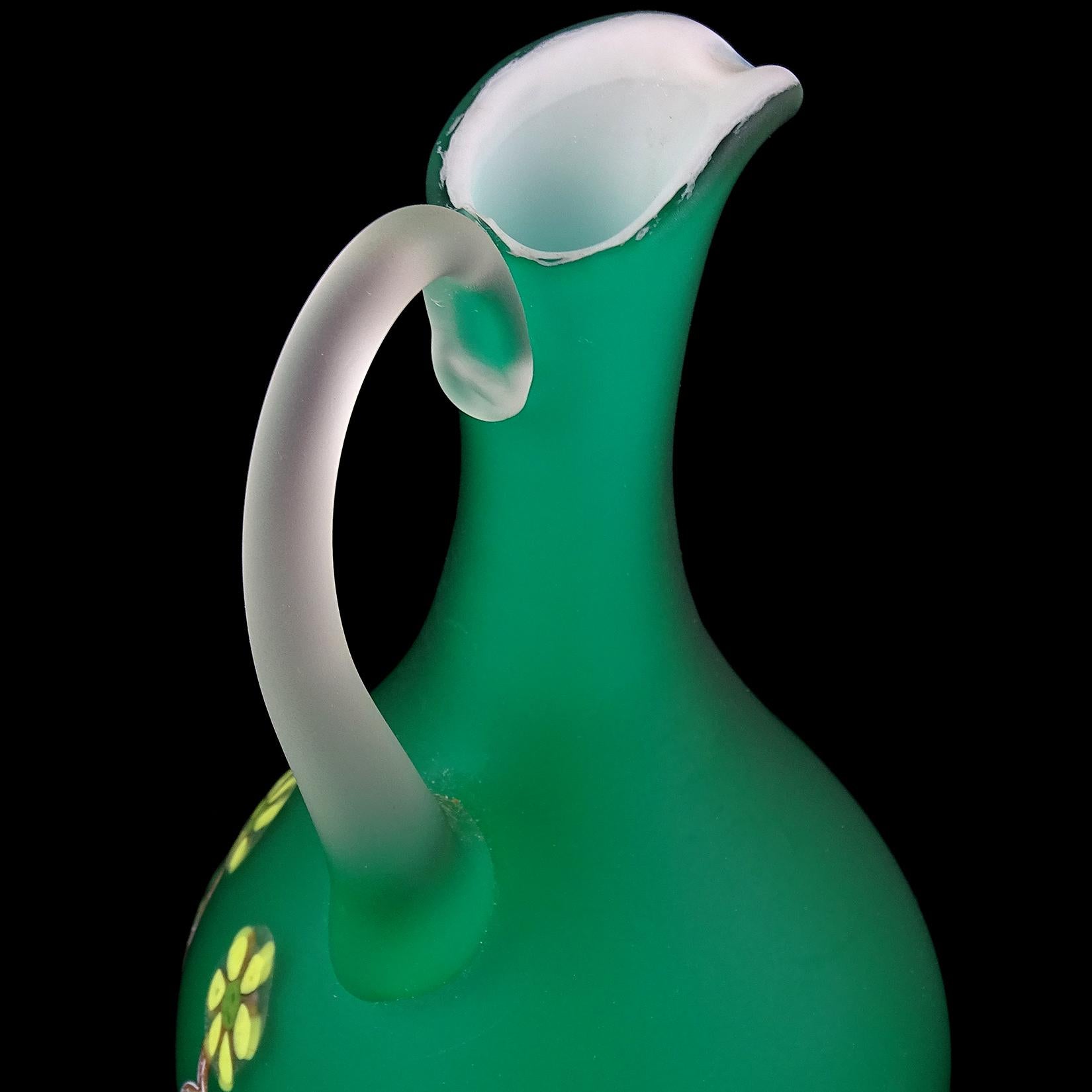 Fratelli Toso Murano Green Millefiori Flowers Satin Italian Art Glass Ewer Cruet In Good Condition In Kissimmee, FL