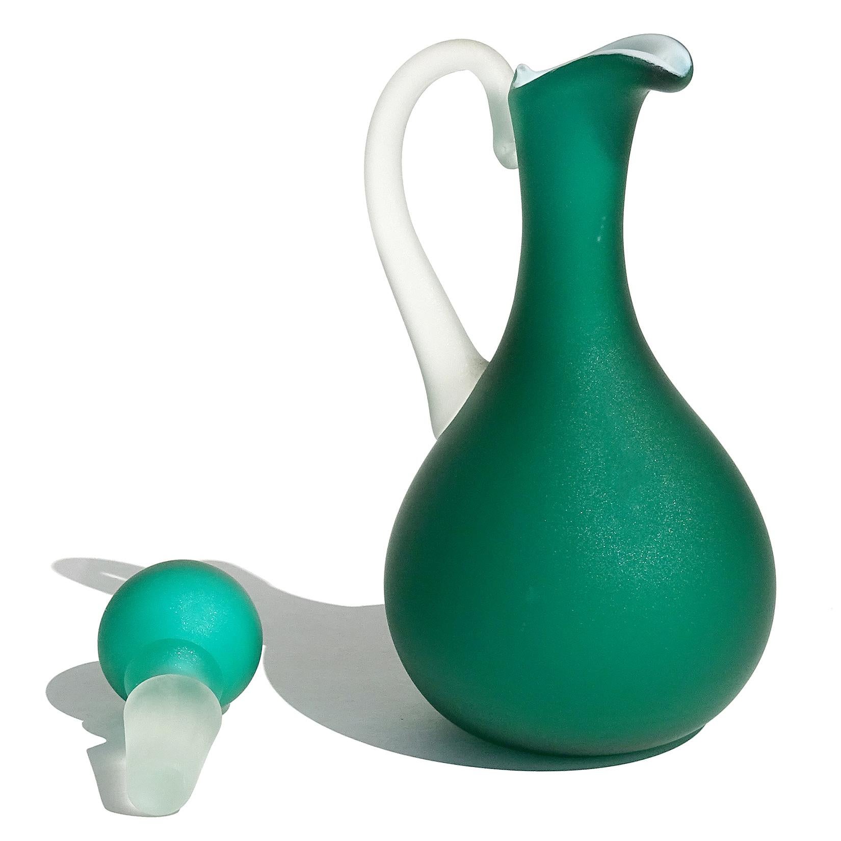 20th Century Fratelli Toso Murano Green Millefiori Flowers Satin Italian Art Glass Ewer Cruet