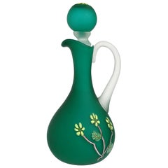 Vintage Fratelli Toso Murano Green Millefiori Flowers Satin Italian Art Glass Ewer Cruet
