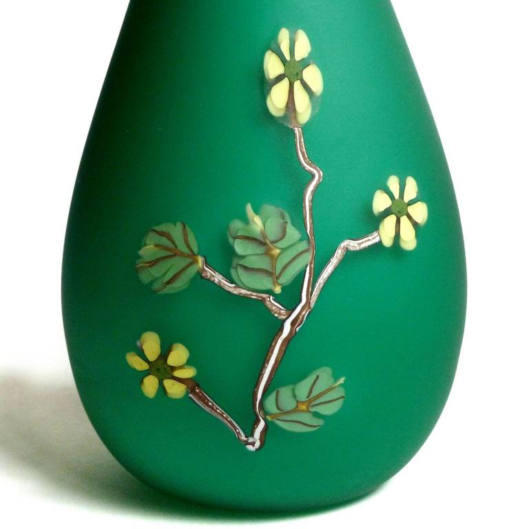 Mid-Century Modern Fratelli Toso Murano Green Millefiori Flowers Satin Italian Art Glass Ewer Vase