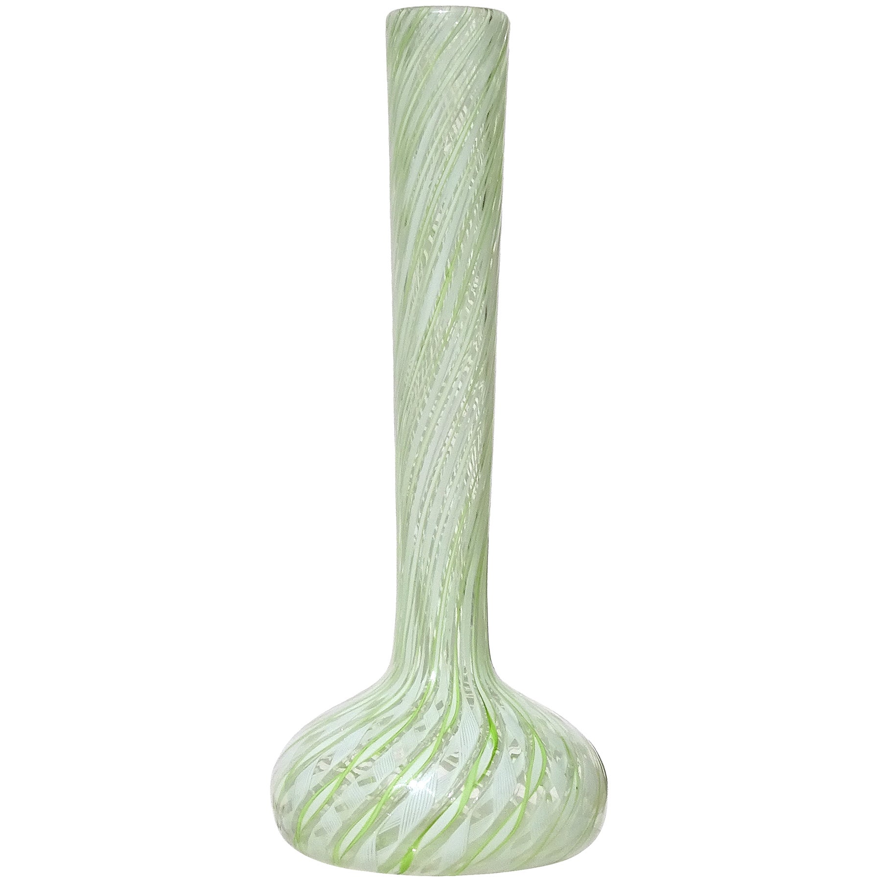 Fratelli Toso Murano Green White Ribbons Italian Art Glass Soliflore Flower Vase