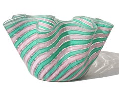 Fratelli Toso Murano Italian Art Glass Fazzoletto Vase Pink Green Ribbons, Large