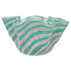 Fratelli Toso Murano Italian Art Glass Fazzoletto Vase Pink Green Ribbons, Large