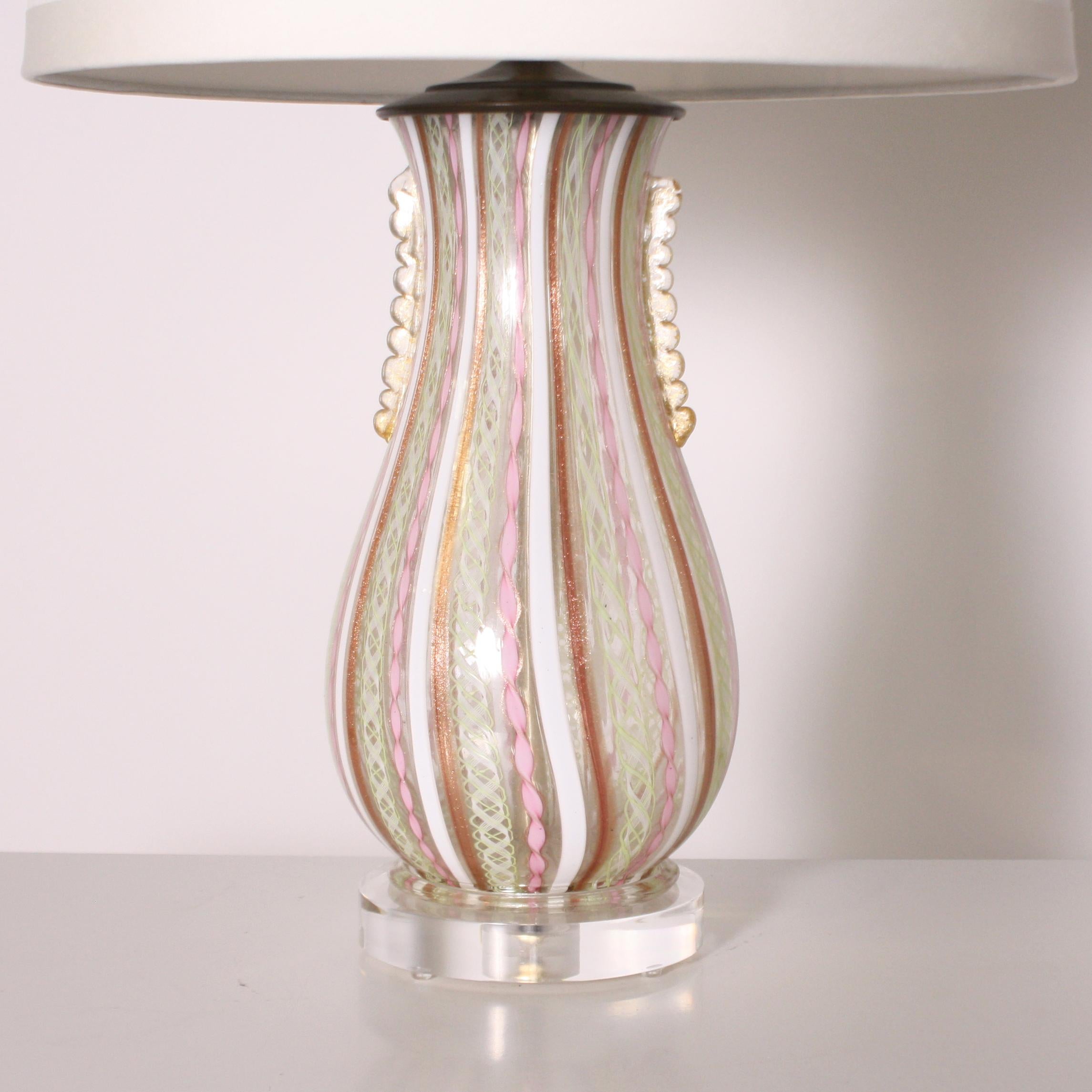 Fratelli Toso Murano lamp, circa 1950

Custom linen shade, crystal ball finial, Lucite base, gold twisted cording.