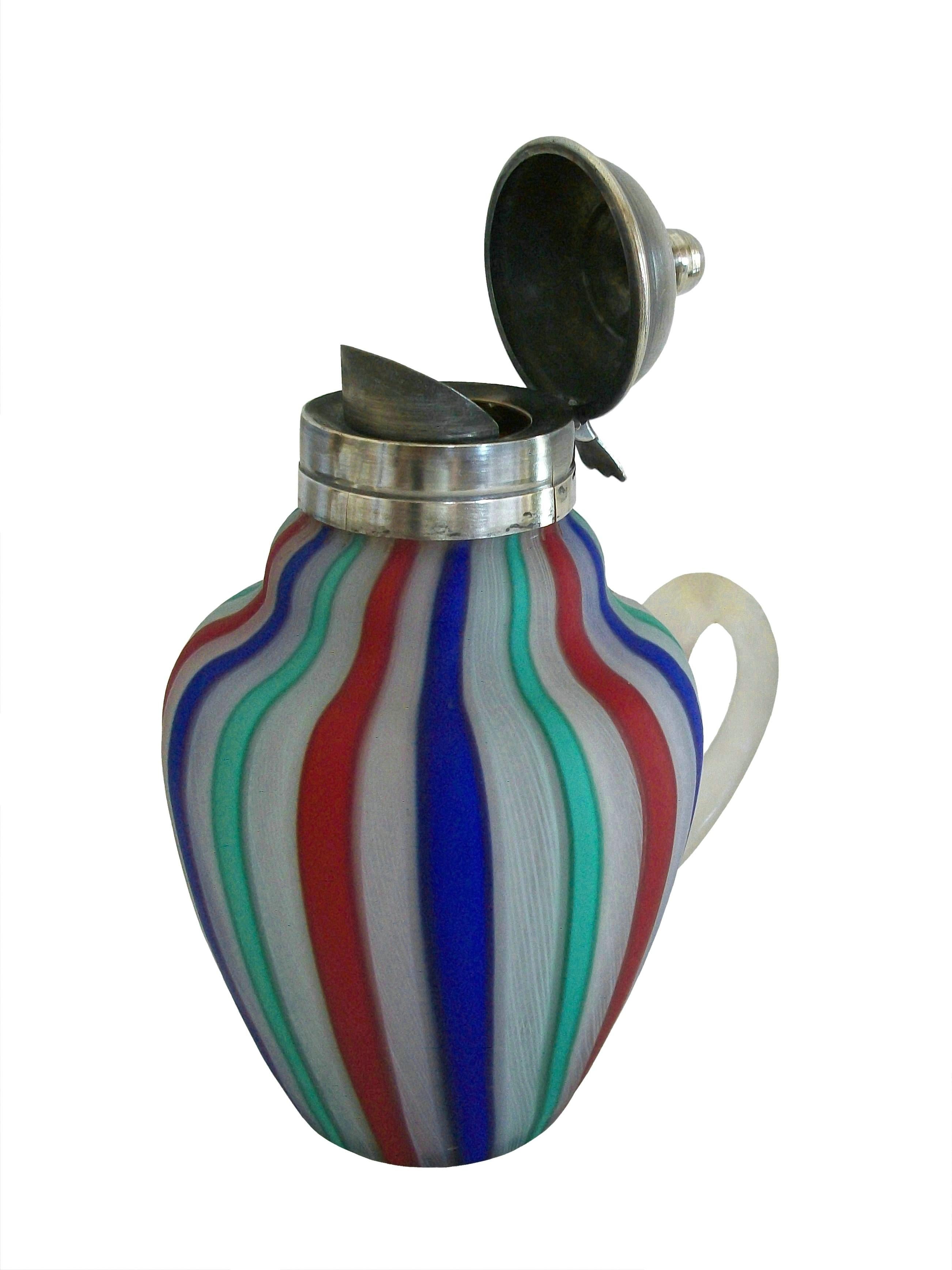 FRATELLI TOSO - Rare antique Murano art glass Latticino syrup jug - striking red, white and blue and turquoise color combination - frosted / satin finish to the exterior - silver plate lid and rim with spring loaded hinge - clear satin glass handle