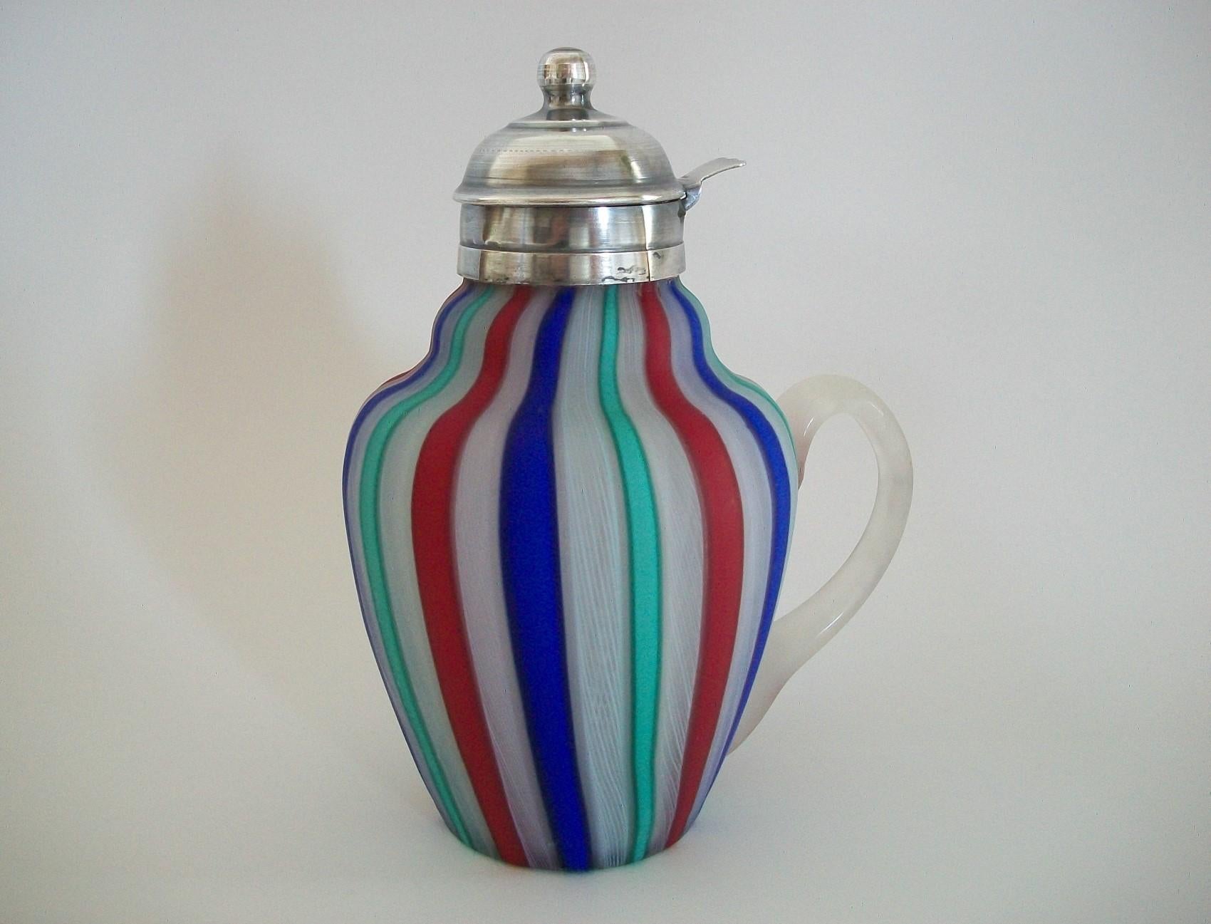 Silver Plate Fratelli Toso, Murano Latticino Glass Syrup Jug, Italy, Early 20th Century For Sale