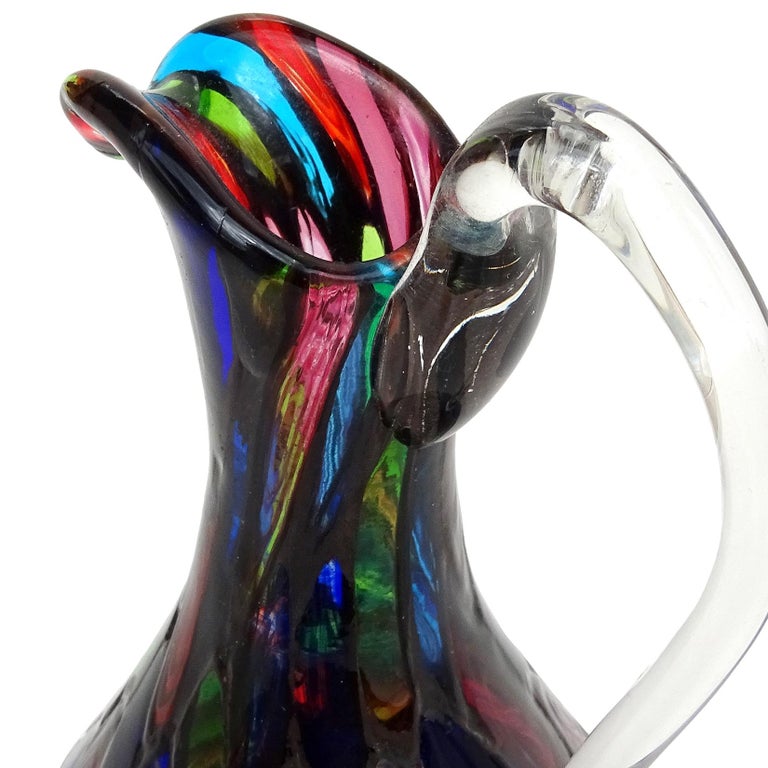 Mid-Century Modern Fratelli Toso Murano Metallic Black Bullseye Murrine Italian Art Glass Pitcher For Sale