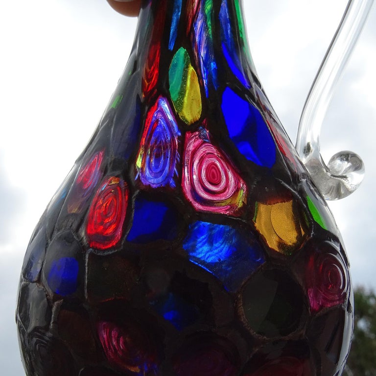 Fratelli Toso Murano Metallic Black Bullseye Murrine Italian Art Glass Pitcher In Good Condition For Sale In Kissimmee, FL