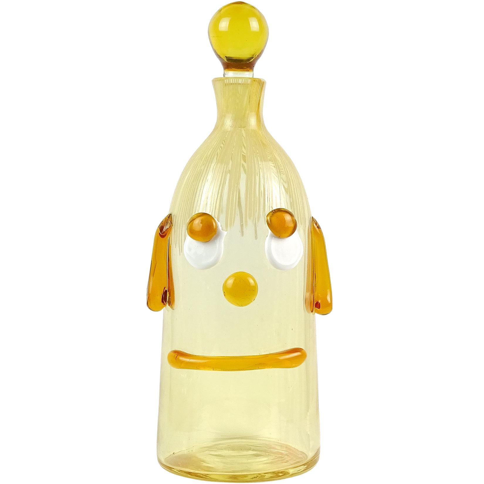 Hand-Crafted Fratelli Toso Murano Midcentury Orange Clown Face Italian Art Glass Decanter