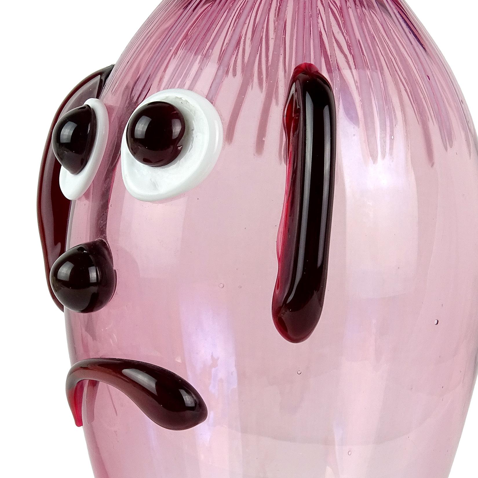 Hand-Crafted Fratelli Toso Murano Midcentury Pink Red Clown Face Italian Art Glass Decanter