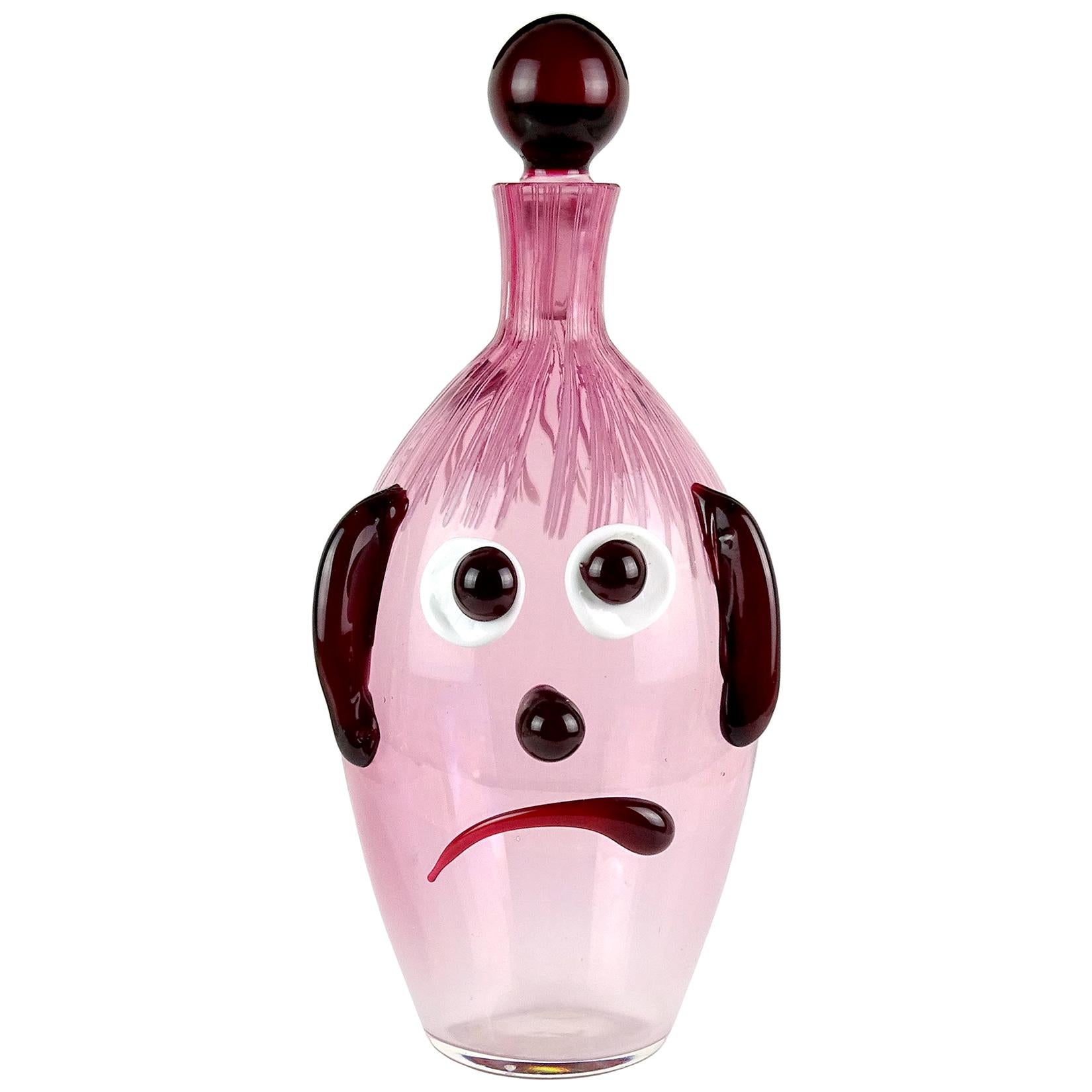 Fratelli Toso Murano Midcentury Pink Red Clown Face Italian Art Glass Decanter