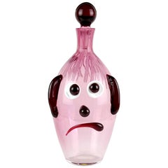 Vintage Fratelli Toso Murano Midcentury Pink Red Clown Face Italian Art Glass Decanter
