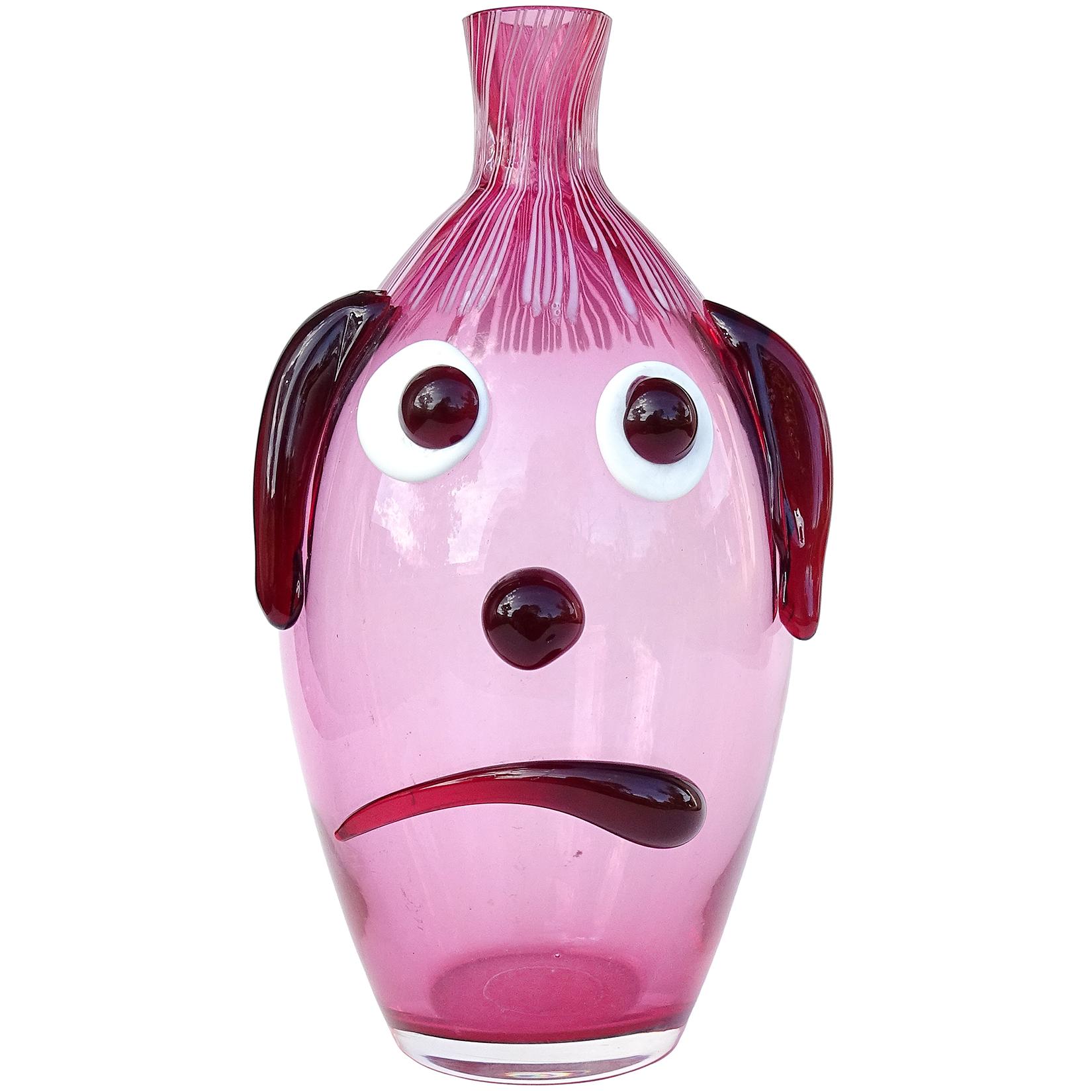 Fratelli Toso Murano Midcentury Pink Red Face Italian Art Glass Bottle Vase