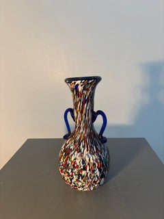 Fratelli Toso Murano Millefiori Art Glass Vase with Blue Applied Handles