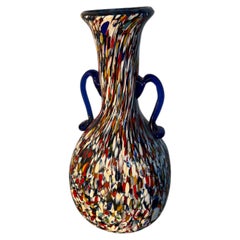Fratelli Toso Murano Millefiori Art Glass Vase with Blue Applied Handles