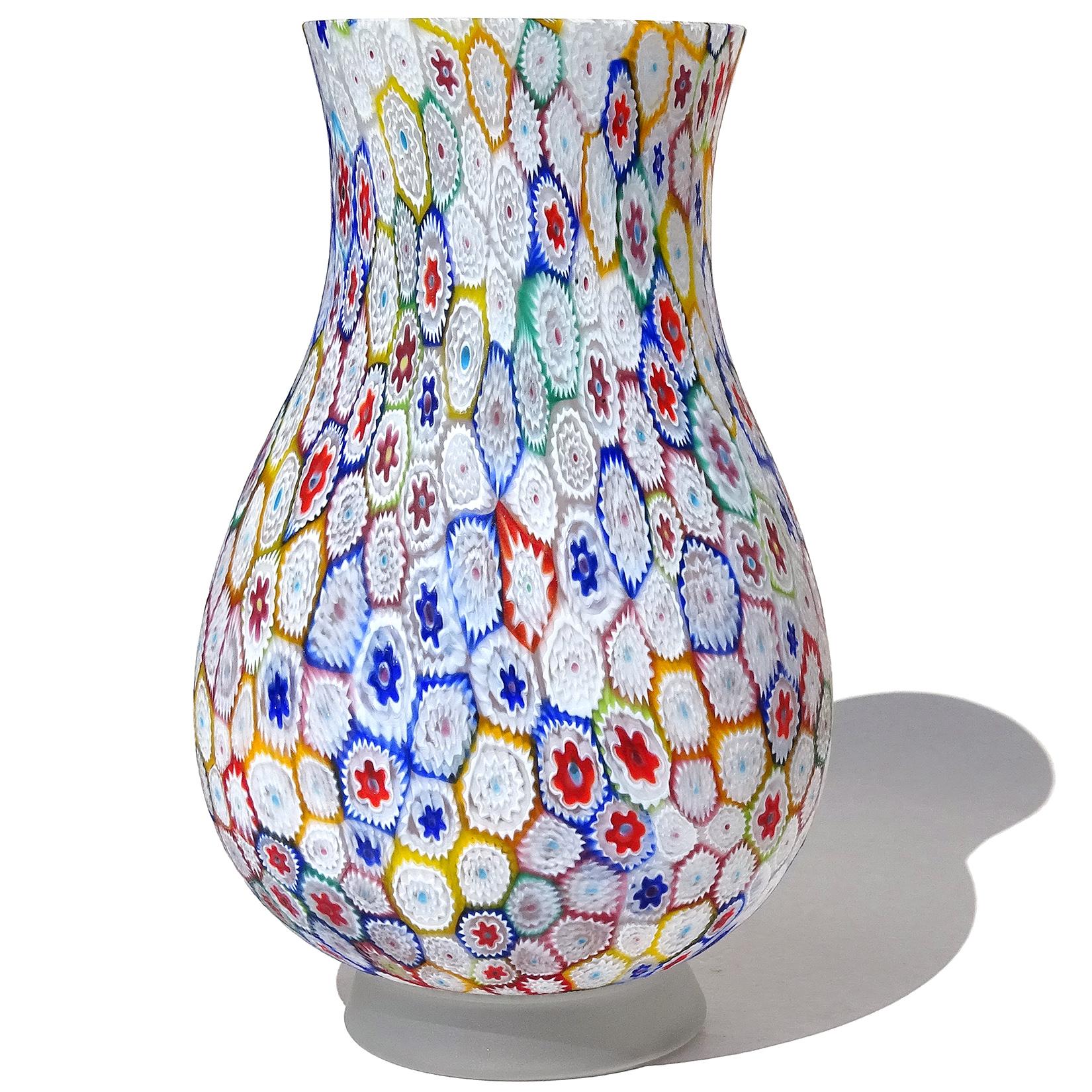 Mid-Century Modern Fratelli Toso Murano Millefiori Flower Mosaic Italian Art Glass Footed Vase