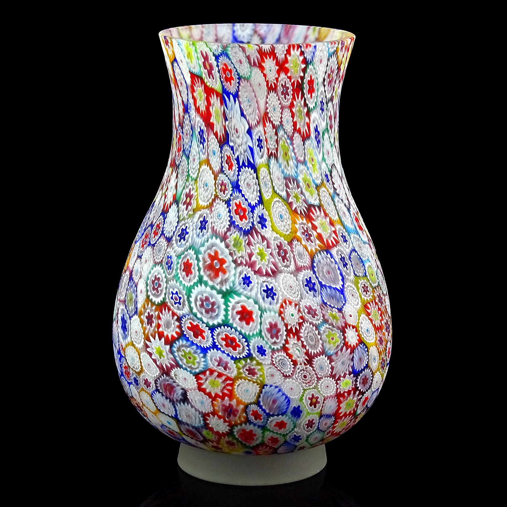 Mid-Century Modern Fratelli Toso Murano Millefiori Flower Mosaic Italian Art Glass Footed Vase