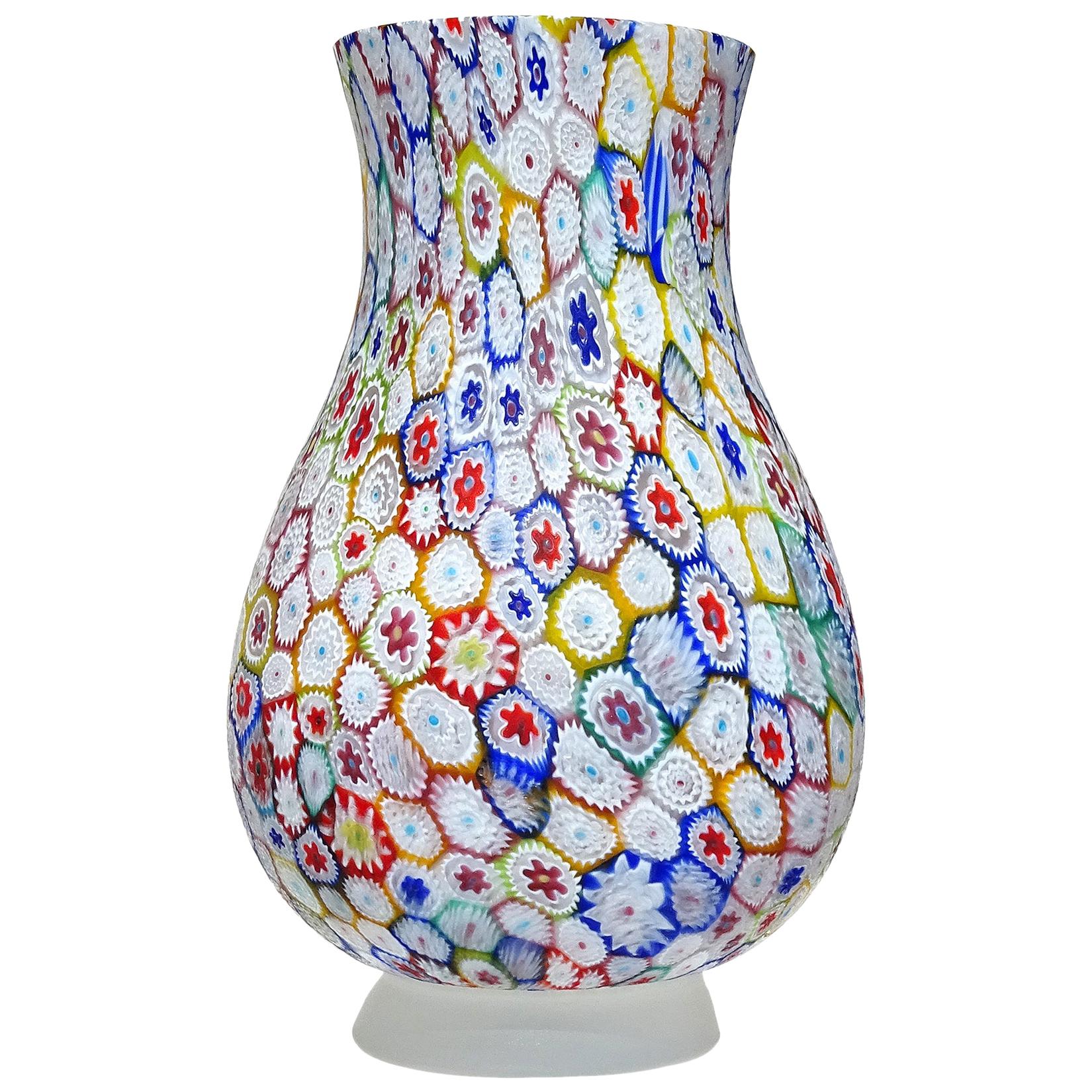 Fratelli Toso Murano Millefiori Flower Mosaic Italian Art Glass Footed Vase