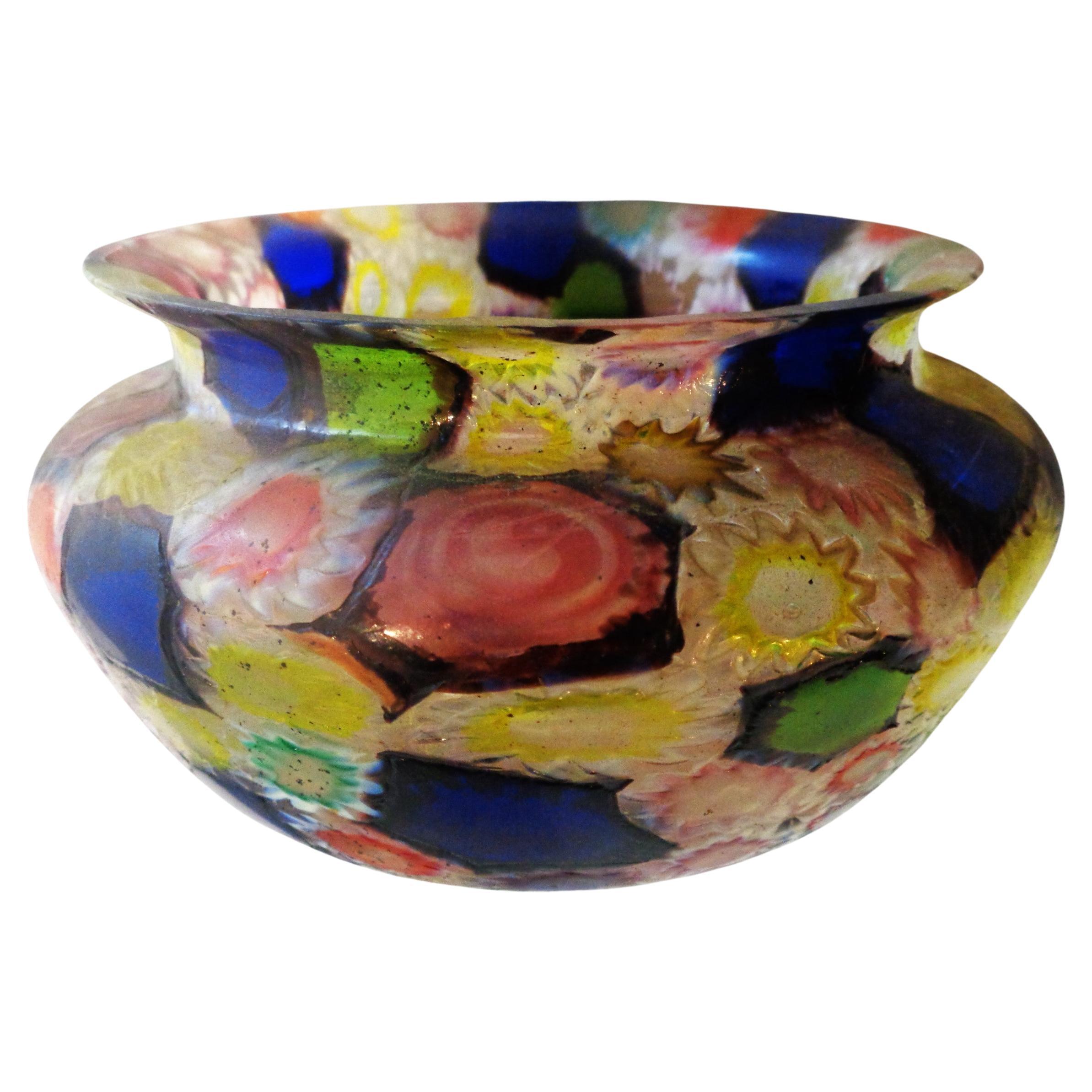  Fratelli Toso Murano multi-color Millefiori flower and star mosaic blown glass vase. Italy, circa 1950-1960. Measures a tiny bit under 3 1/2