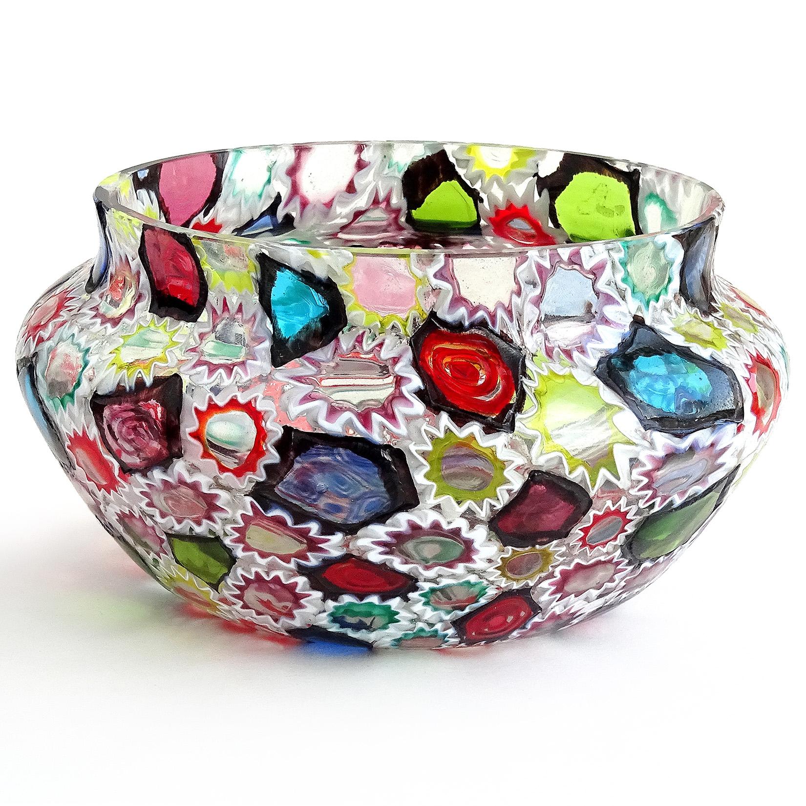 Fratelli Toso Murano Millefiori Flower Star Mosaic Italian Art Glass Candy Bowl In Good Condition In Kissimmee, FL