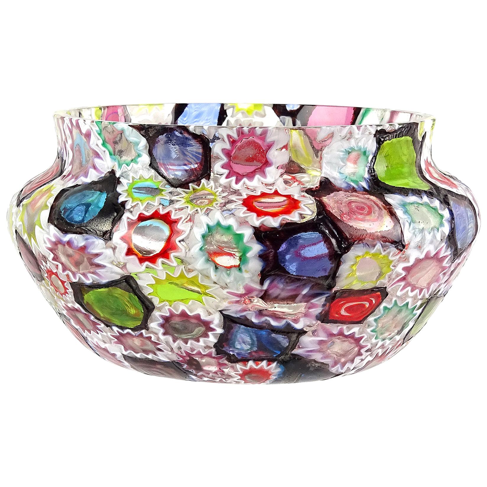 Fratelli Toso Murano Millefiori Flower Star Mosaic Italian Art Glass Candy Bowl