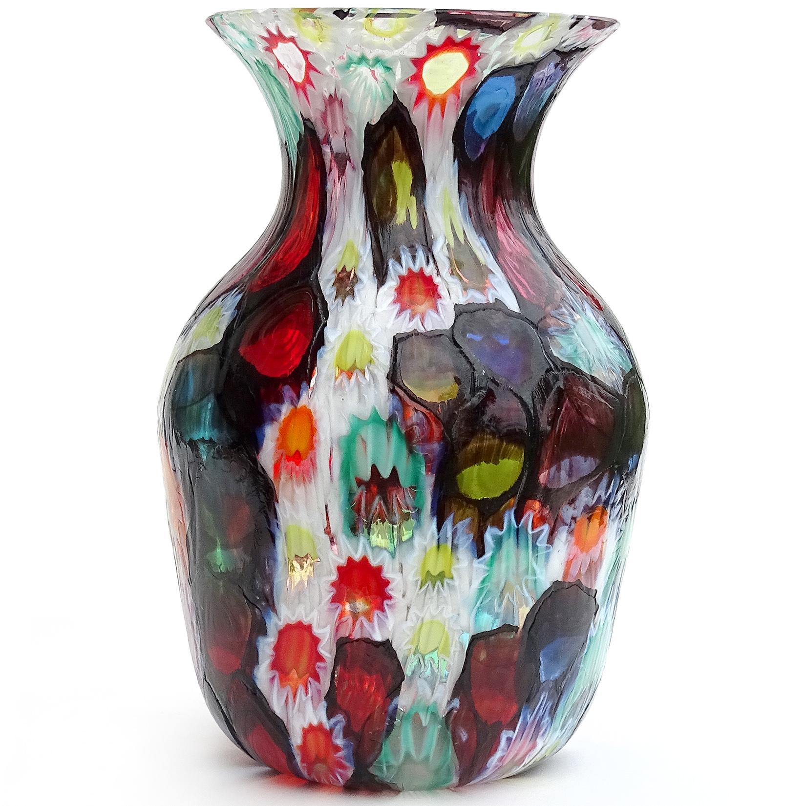 Mid-Century Modern Fratelli Toso Murano Millefiori Flower Star Mosaic Italian Art Glass Flower Vase