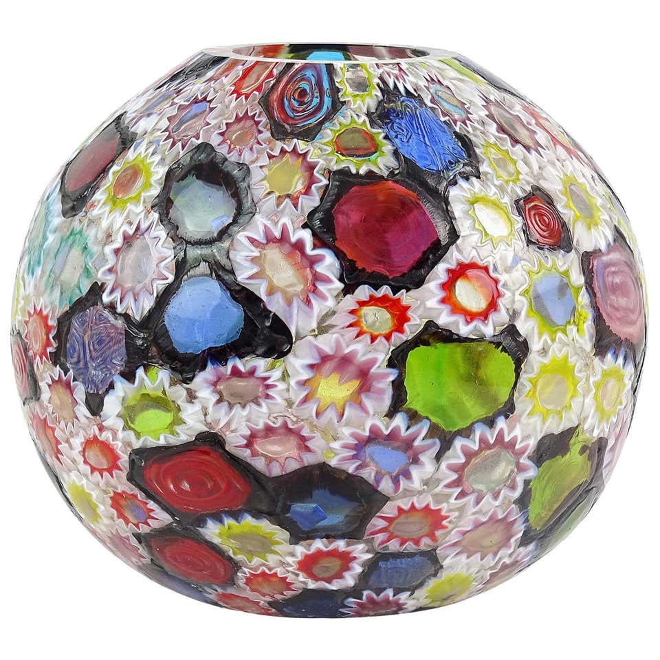 Fratelli Toso Murano Millefiori Flower Star Mosaic Italian Art Glass Flower Vase At 1stdibs