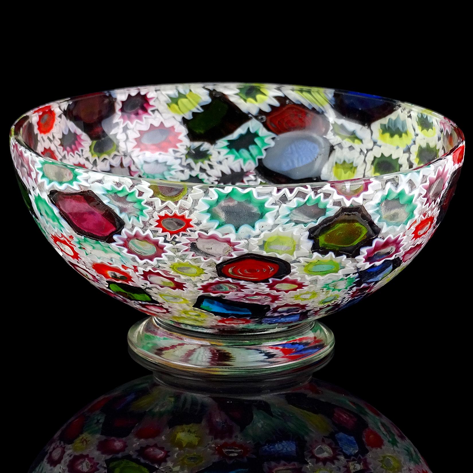 Hand-Crafted Fratelli Toso Murano Millefiori Flower Star Mosaic Italian Art Glass Footed Bowl